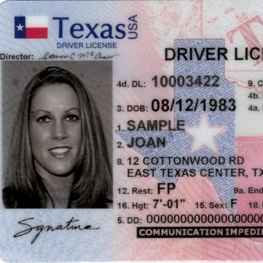 Texas driver's license with photo; details include categories like DL number, name, date of birth, address, height, and eye color.