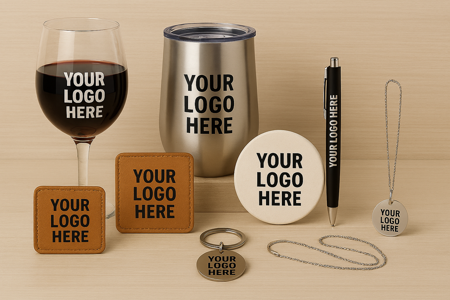 Customized promotional merchandise including a wine glass, a travel mug, a coaster, two patches, a keychain, a pen, and a necklace, all with placeholder text for logos.
