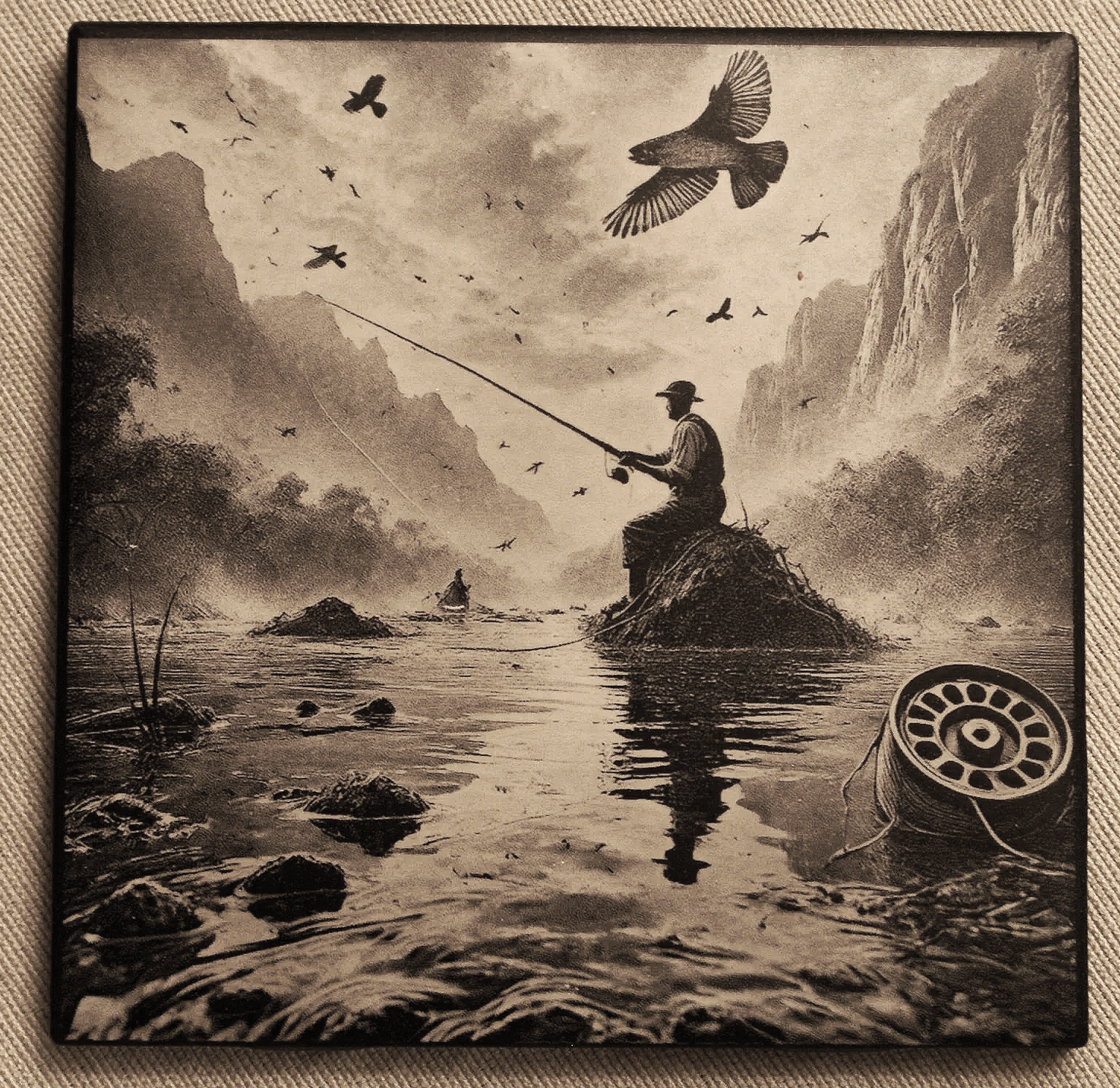 Black and white illustration of a man fishing while sitting on a rock in a river, with mountains and a cloudy sky in the background, and birds flying overhead.