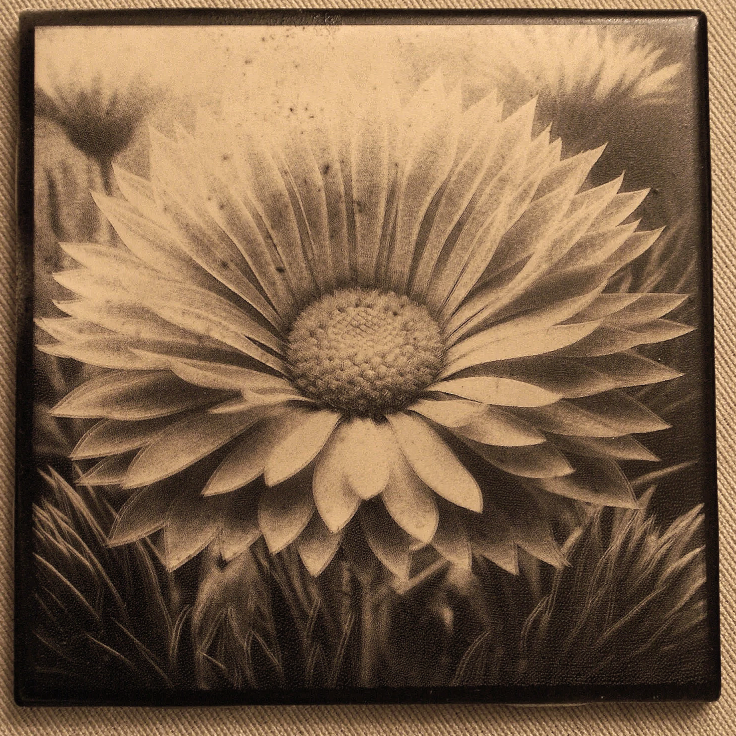 Black and white close-up photograph of a large daisy flower with detailed petals, a textured center, and surrounding foliage.