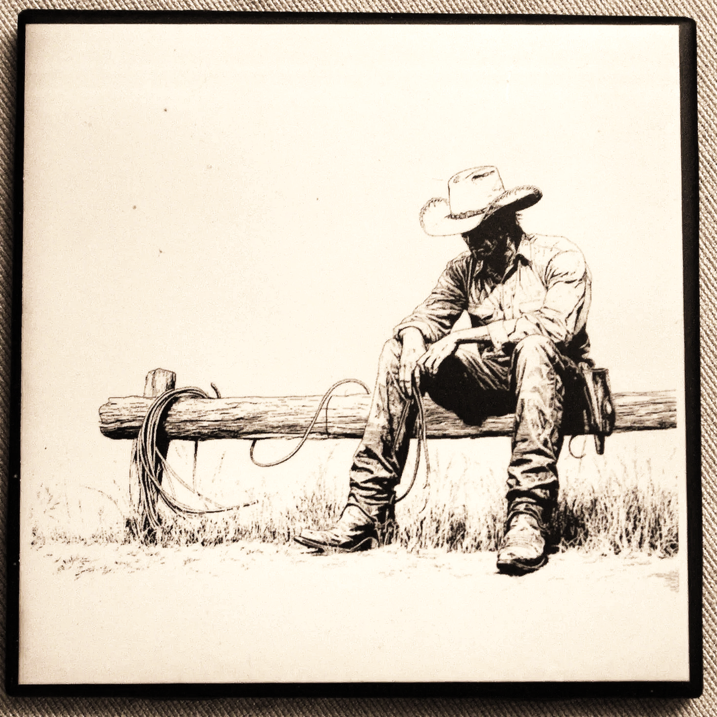 Black and white drawing of a man sitting on a log, wearing a hat, with a coat hanging on his side, holding a rope, with grass underneath.