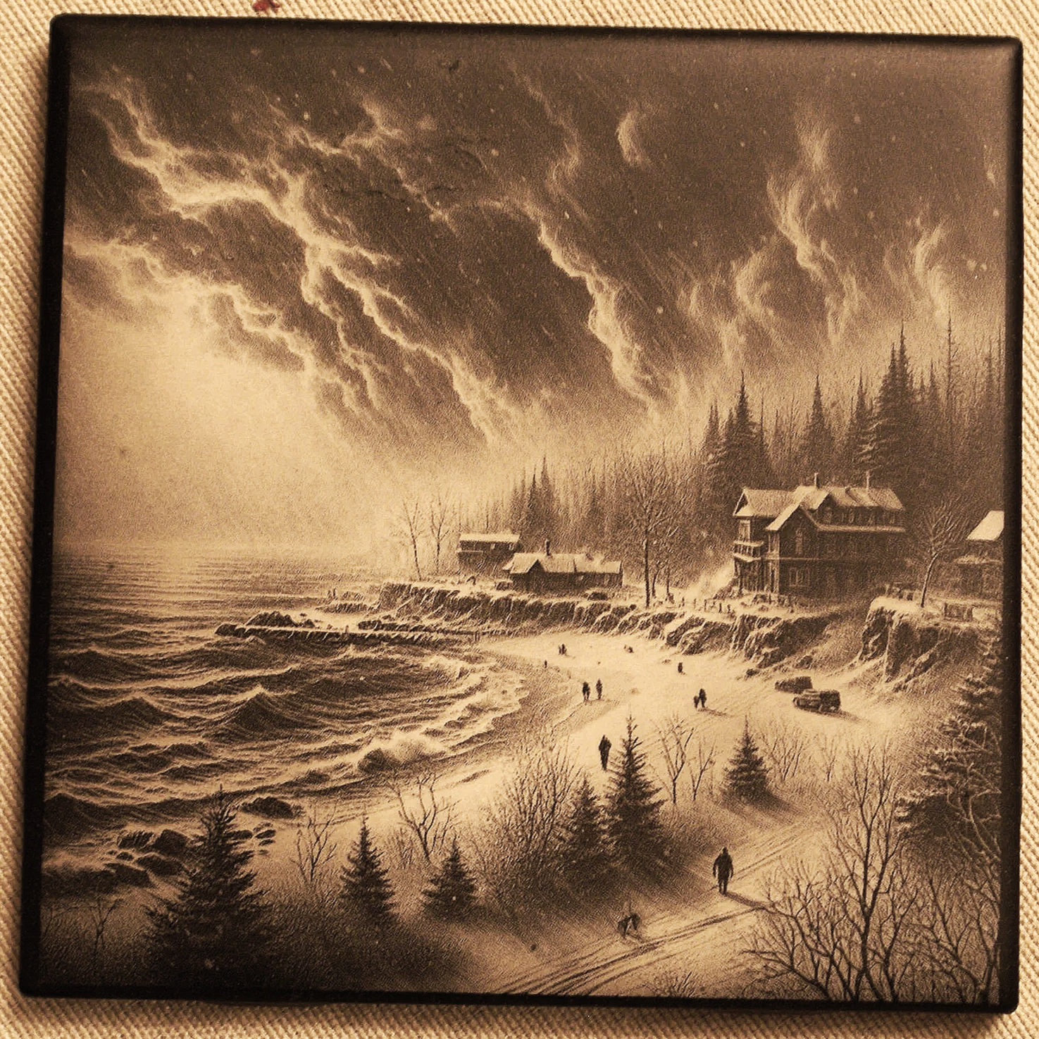 A sepia-toned painting of a coastal scene showing a stormy sky with lightning, a rugged shoreline with waves, and several houses among trees on a hillside.