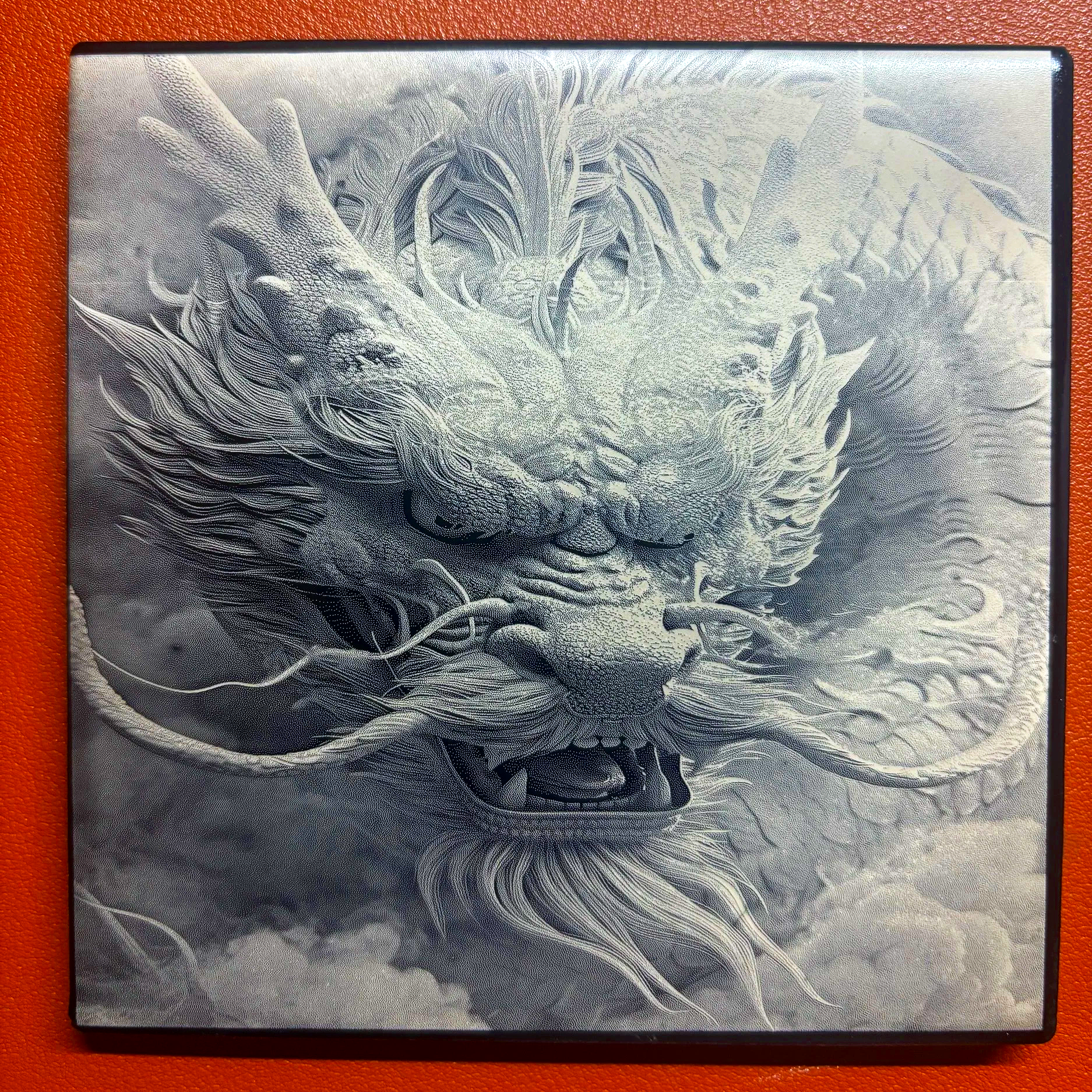 A detailed, silver-colored embossed artwork of a dragon's face with intricate scales, fierce eyes, and flowing whiskers, set against an orange background.