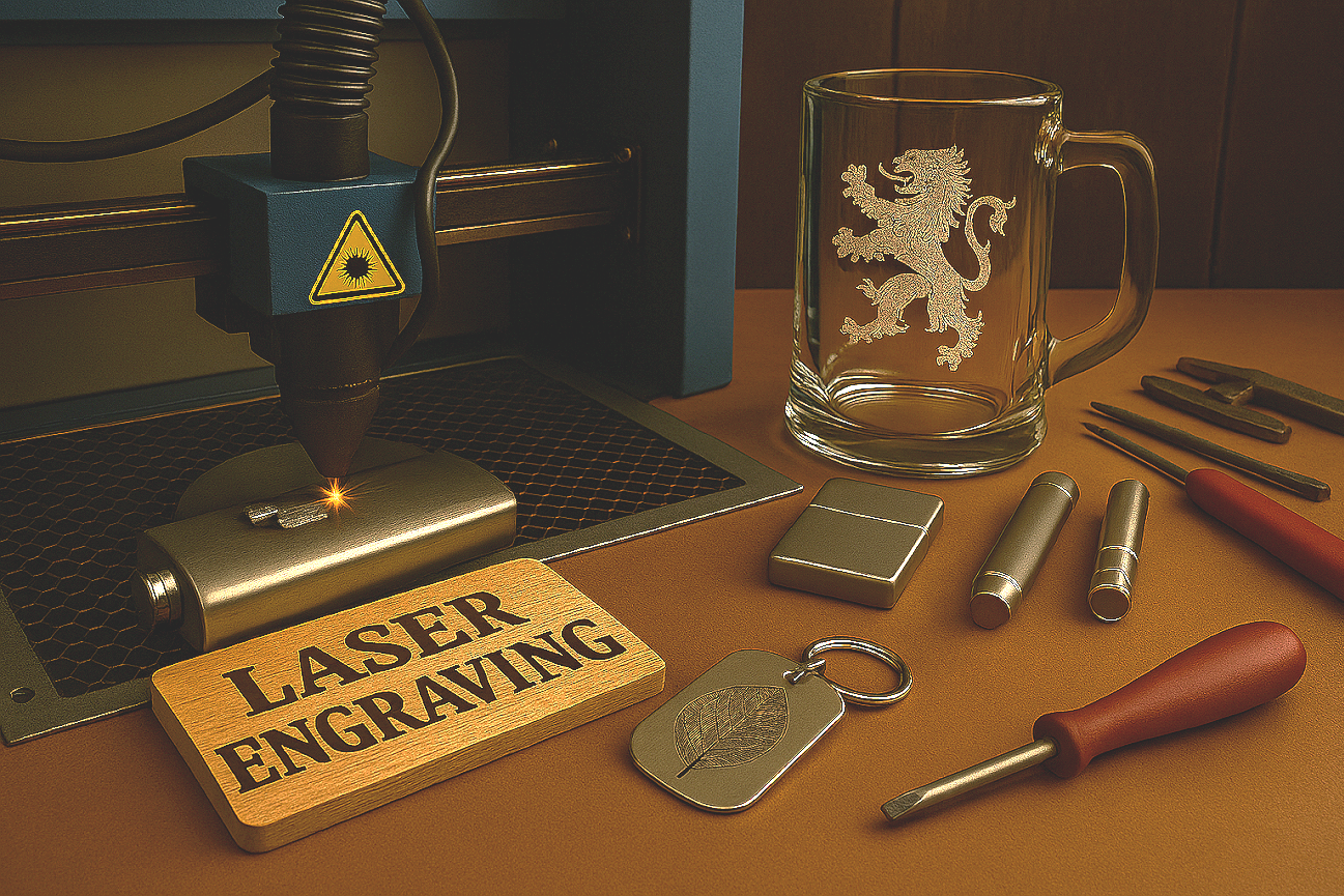 A laser engraving machine in operation with a wooden sign that reads 'LASER ENGRAVING', a keychain with a leaf design, a glass mug with a lion crest, and various tools on a table.