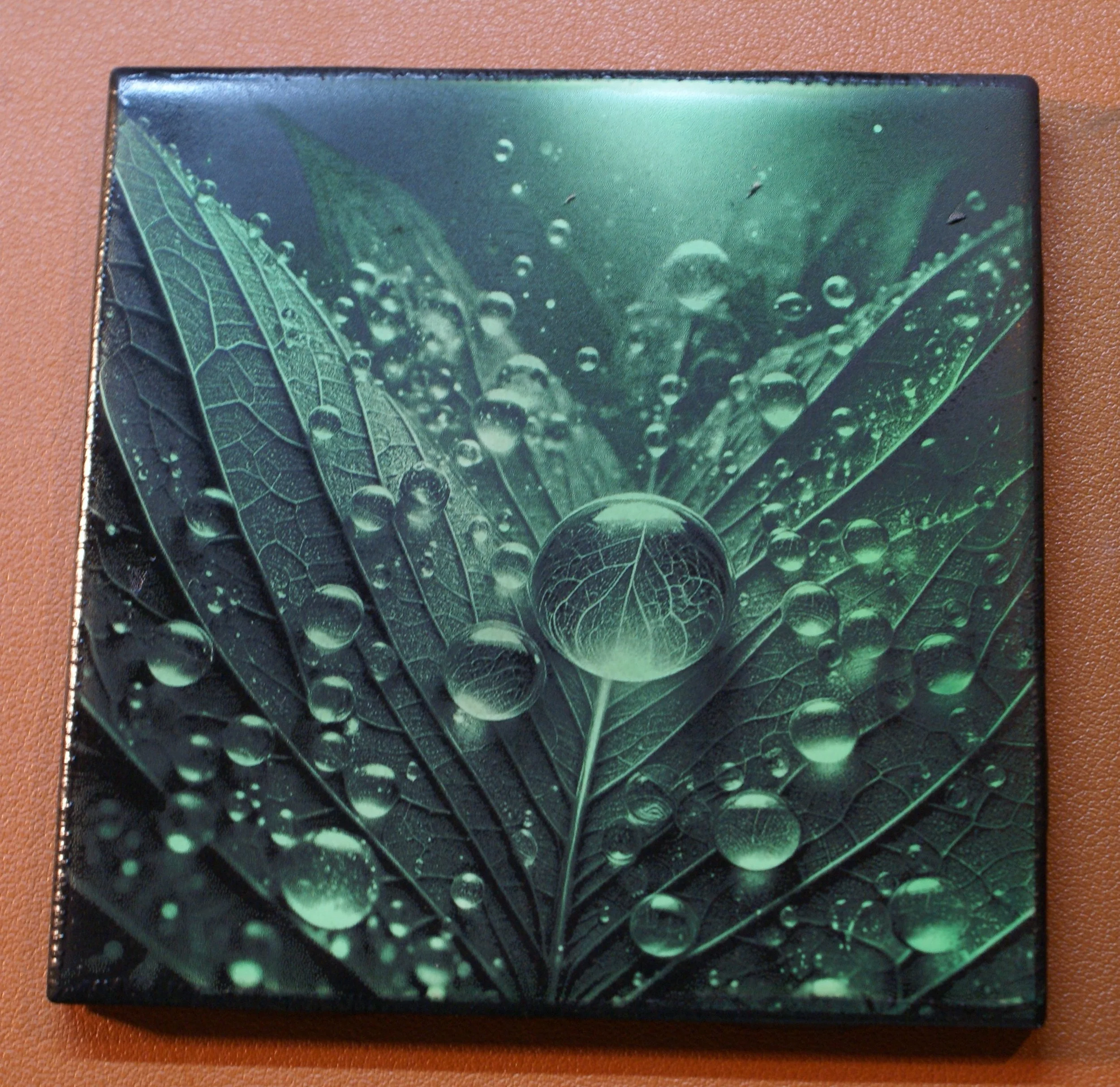 Close-up of a green leaf with dew drops, with a large water droplet at the center reflecting the leaf's veins, on a brown background.