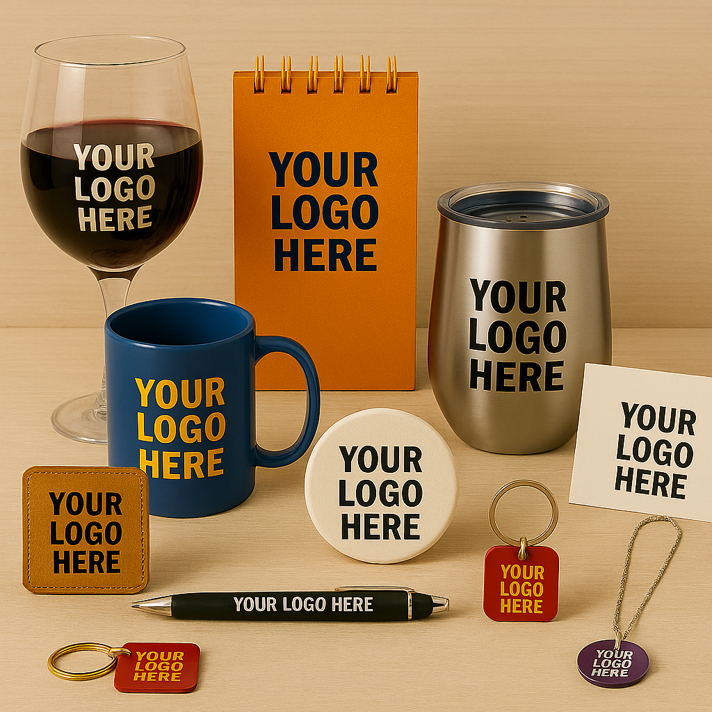 Various promotional items with customizable logos, including a wine glass, mug, notepad, cream tin, sticky note, pen, keychains, and necklaces, displayed on a wooden surface.
