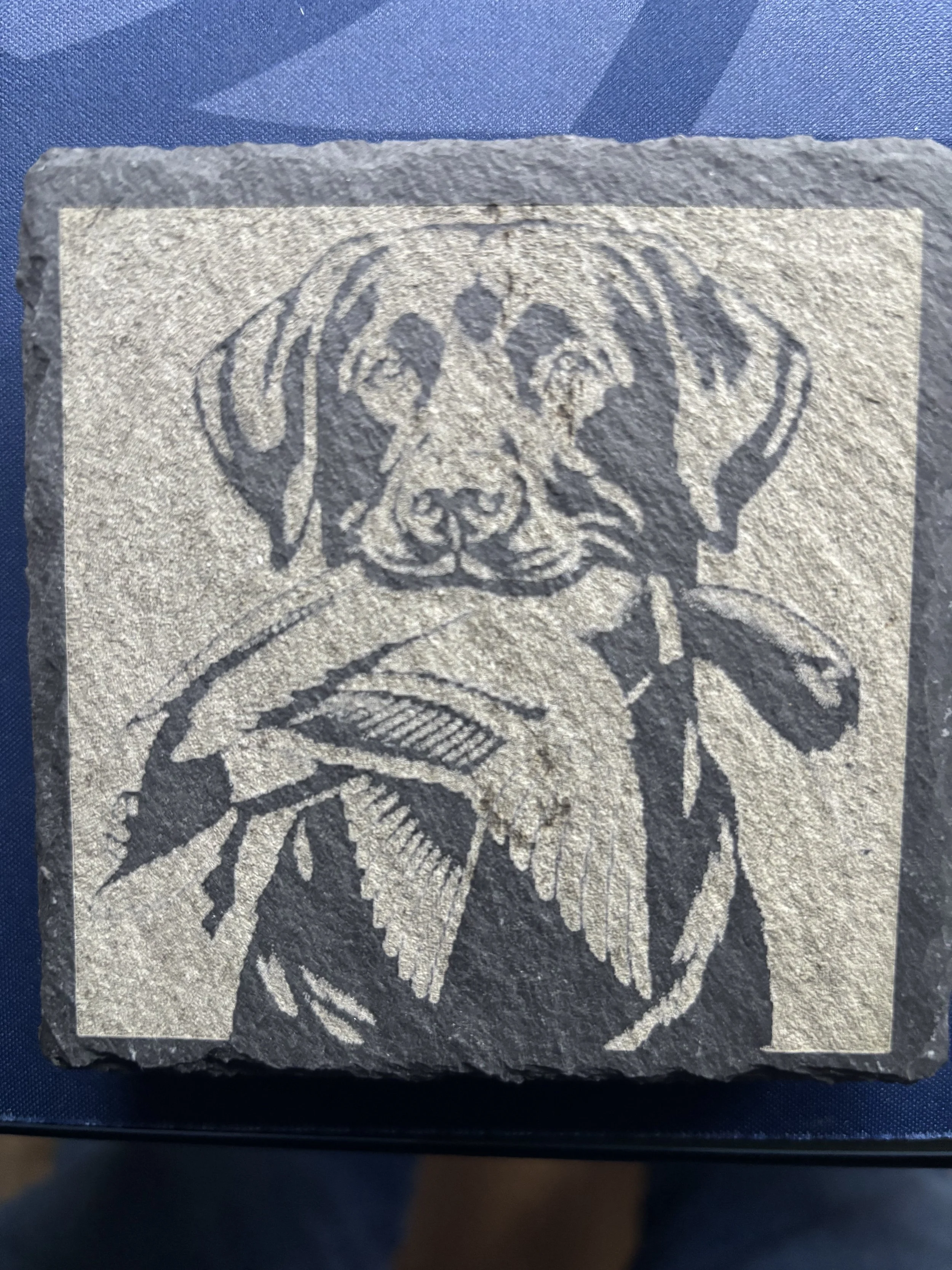 Stone tile with engraved image of a dog's face holding a butterfly in its mouth.