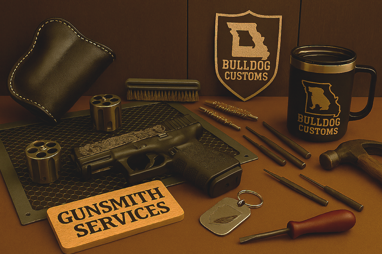 A display of gunsmithing tools and accessories on a table, including a handgun, screwdrivers, a hammer, and a sign labeled "Gunsmith Services". There are also branded items like a mug and a patch with "Bulldog Customs" and an outline of the state of Georgia.