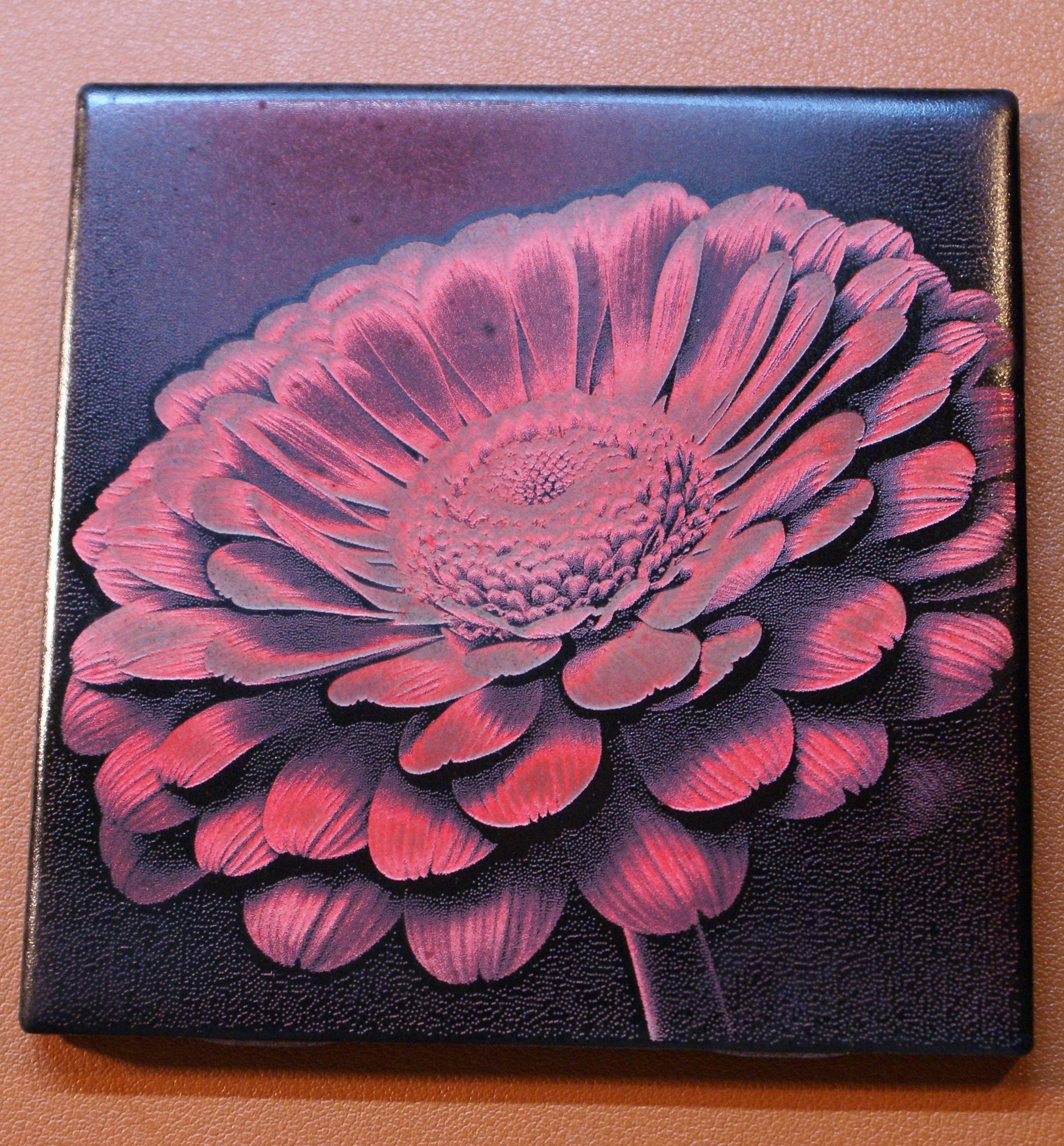 Painting of a pink flower with layered petals on a black background.