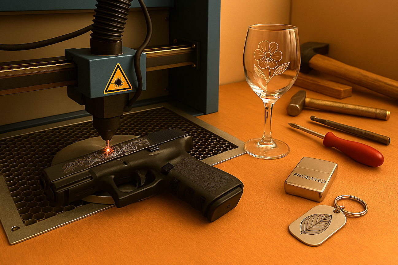 A laser engraving machine working on a gun with a floral design, a glass with a floral etching, various tools, a lighter engraved with the word 'ENGRAVED', and a keychain with a leaf design on a wooden work surface.