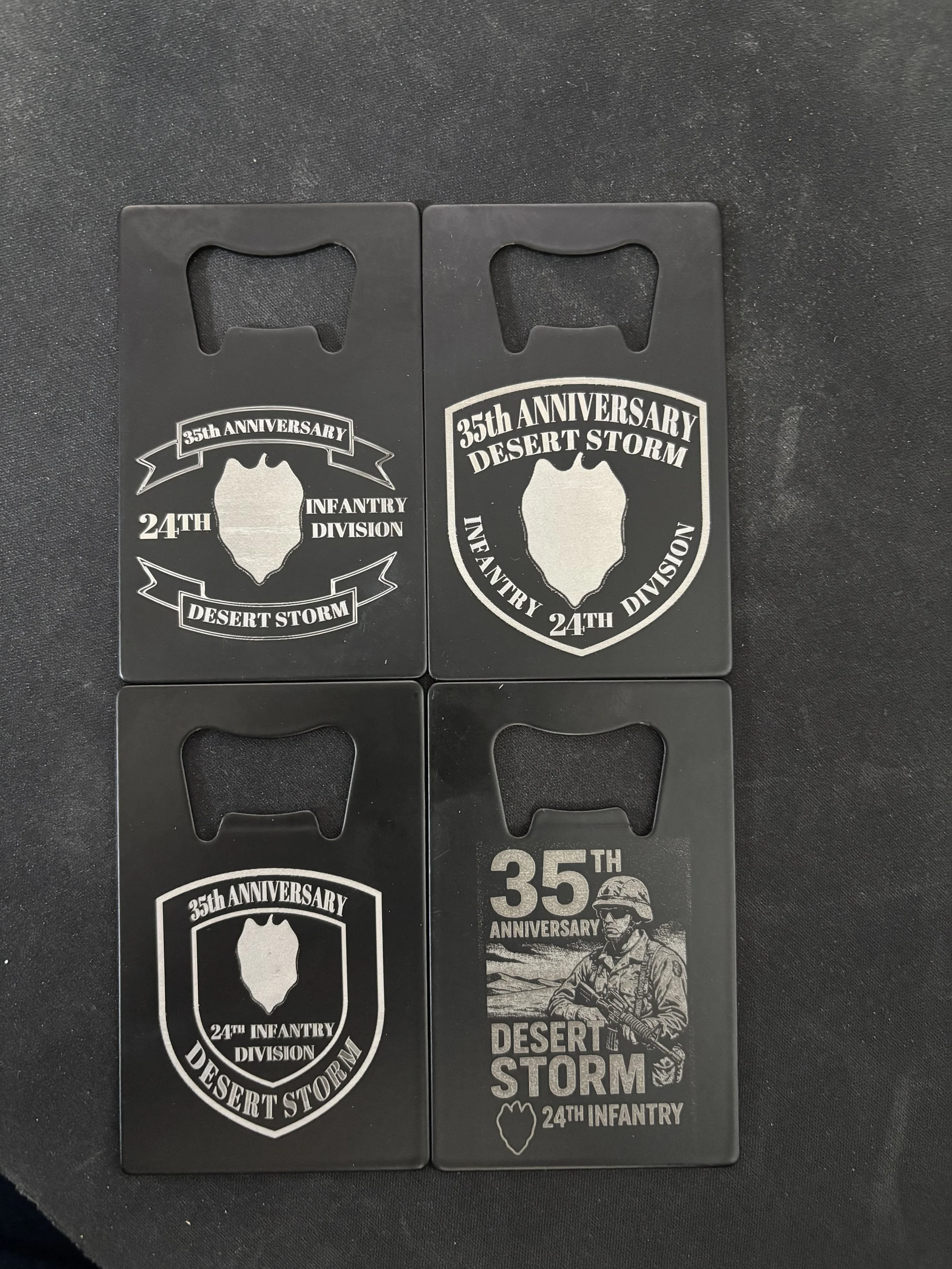 Custom bottle openers marking the 35th Anniversary of Desert Storm and the 24th Infantry Division—each one forged with pride, engraved with memory, and made to be held.