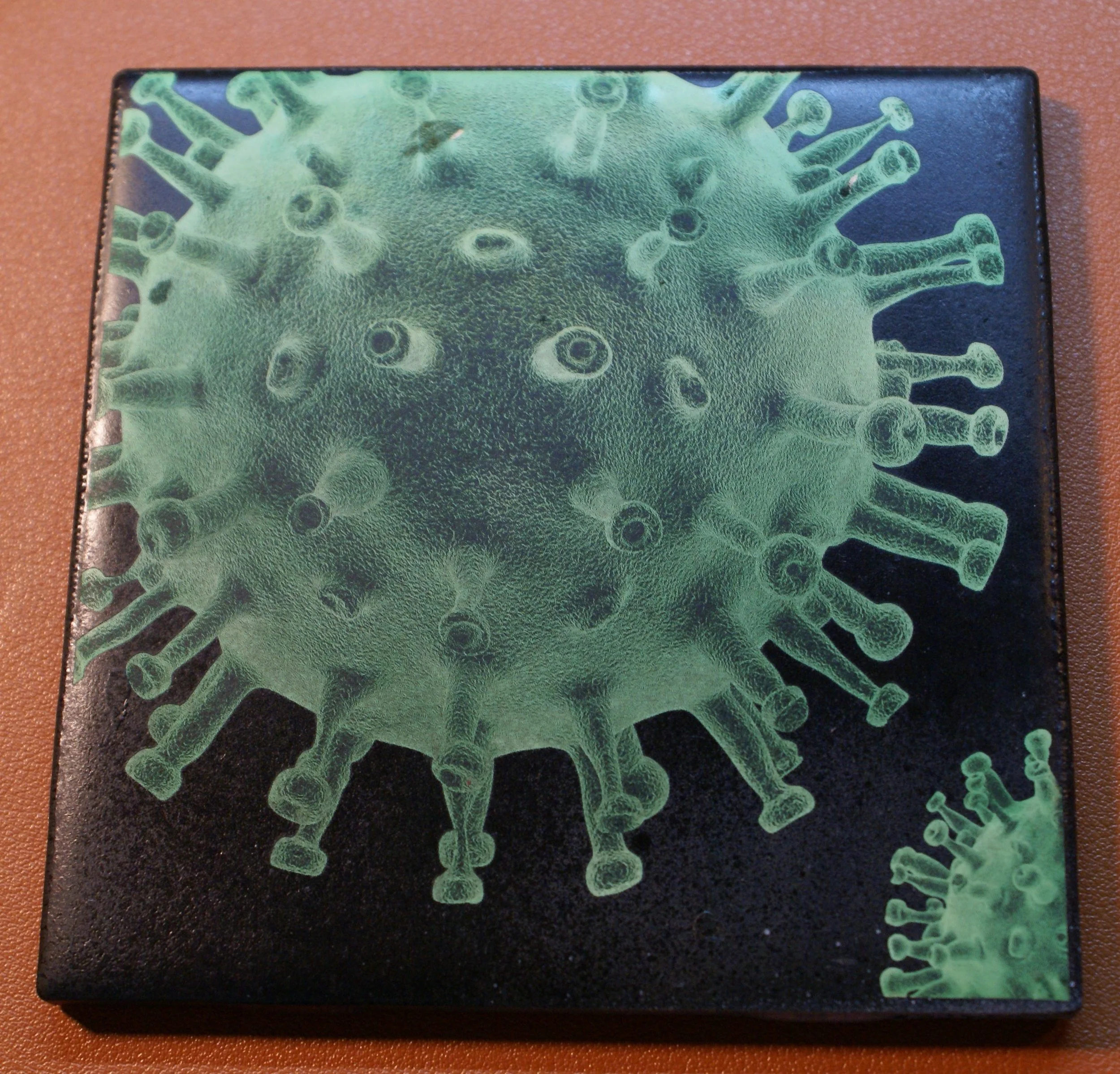 Square black surface with green, detailed, 3D-like illustration of a virus, likely depicting the coronavirus.