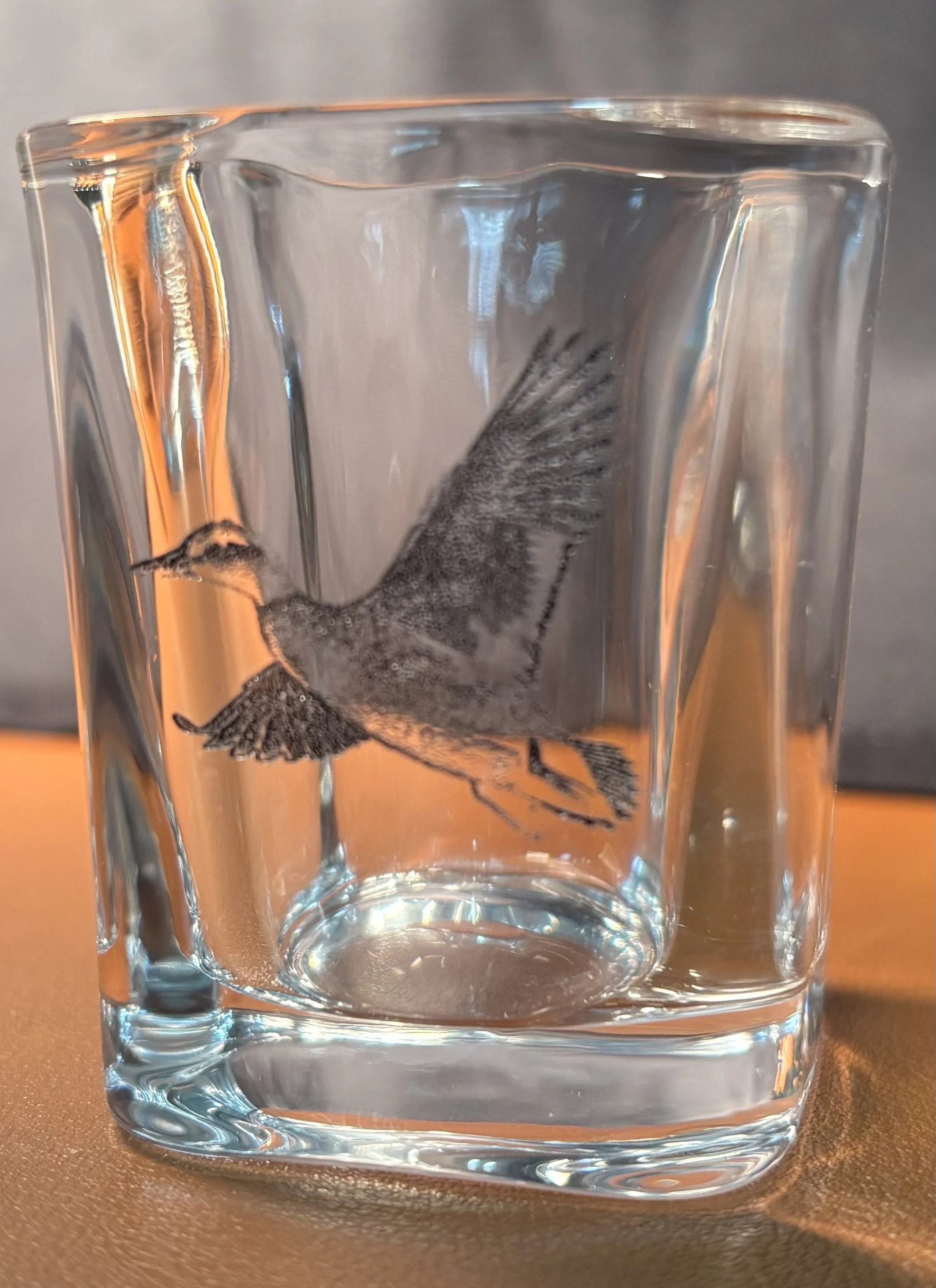 A small bird with brown and gray feathers inside a clear glass container filled with water