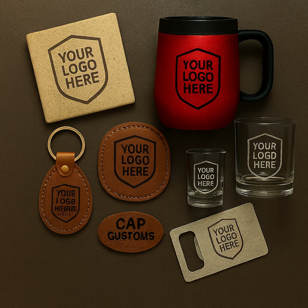 A collection of customizable branded merchandise, including a cork coaster, a leather keychain, a leather luggage tag, a foam mug, two glass cups, and a bottle opener, all displaying a placeholder logo that says "Your Logo Here."