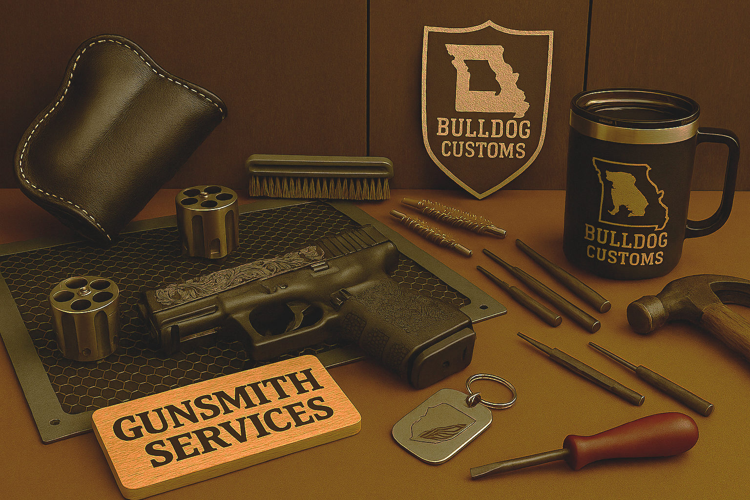 A collection of firearms, gun parts, tools, and law enforcement items, including a handgun, revolver cylinders, a hammer, screwdrivers, a brass brush, a patch, a keychain, and signs for 'Gunsmith Services' and 'Bulldog Customs.'