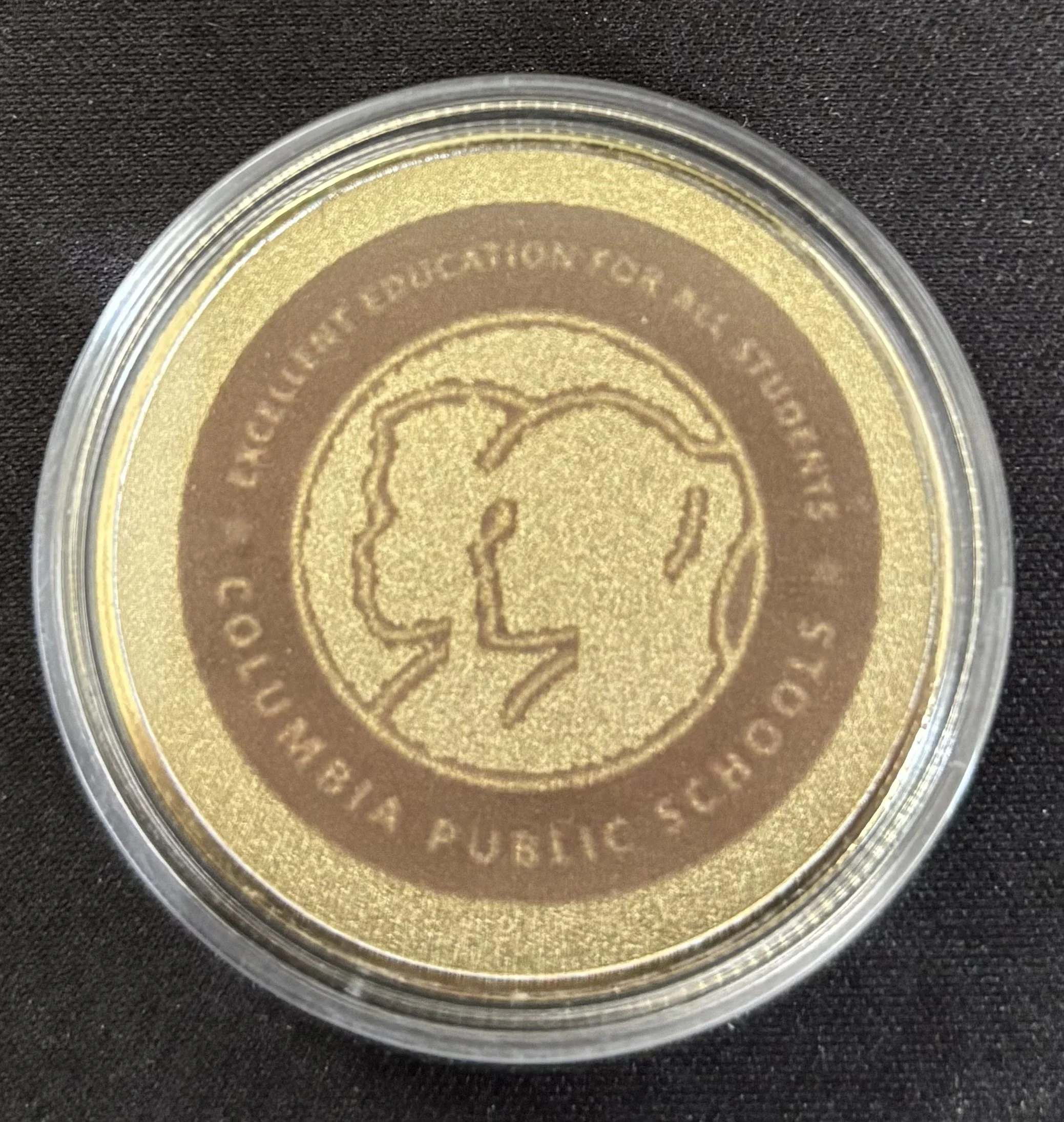 Gold-colored coin with a brown outline of a child's profile and the words 'Special Education for Public Schools' encircling the profile.