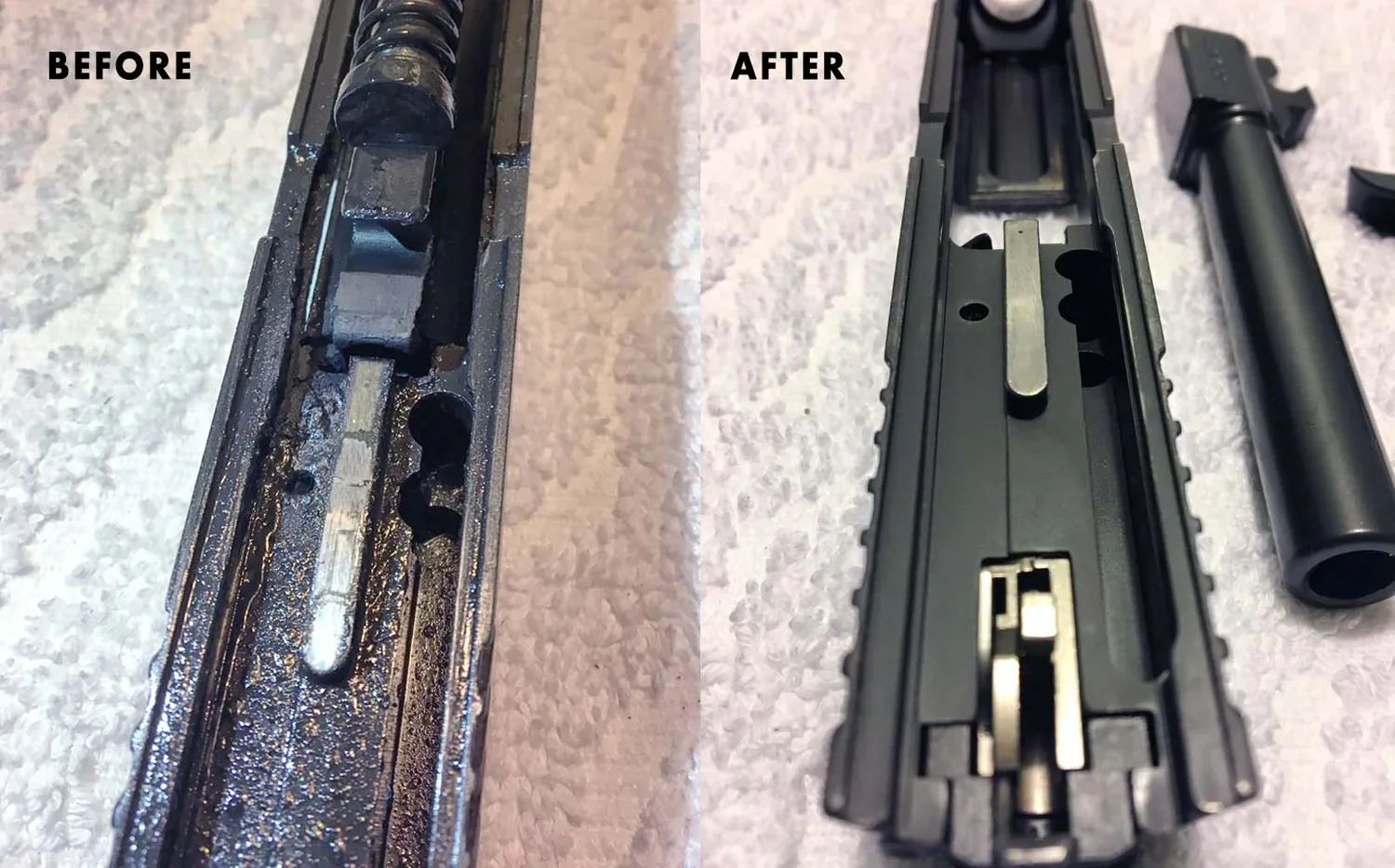 Side-by-side comparison of a firearm's slide before and after cleaning, showing a dirty, greasy slide on the left and a clean, oil-free slide on the right.