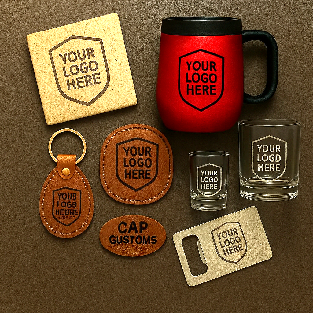A collection of promotional items with customizable logos, including a beige coasters, a brown leather keychain and coin pouch, a red mug with a black handle, a clear glass tumbler, and a clear shot glass, all featuring a shield-shaped logo placeholder that says 'YOUR LOGO HERE.'