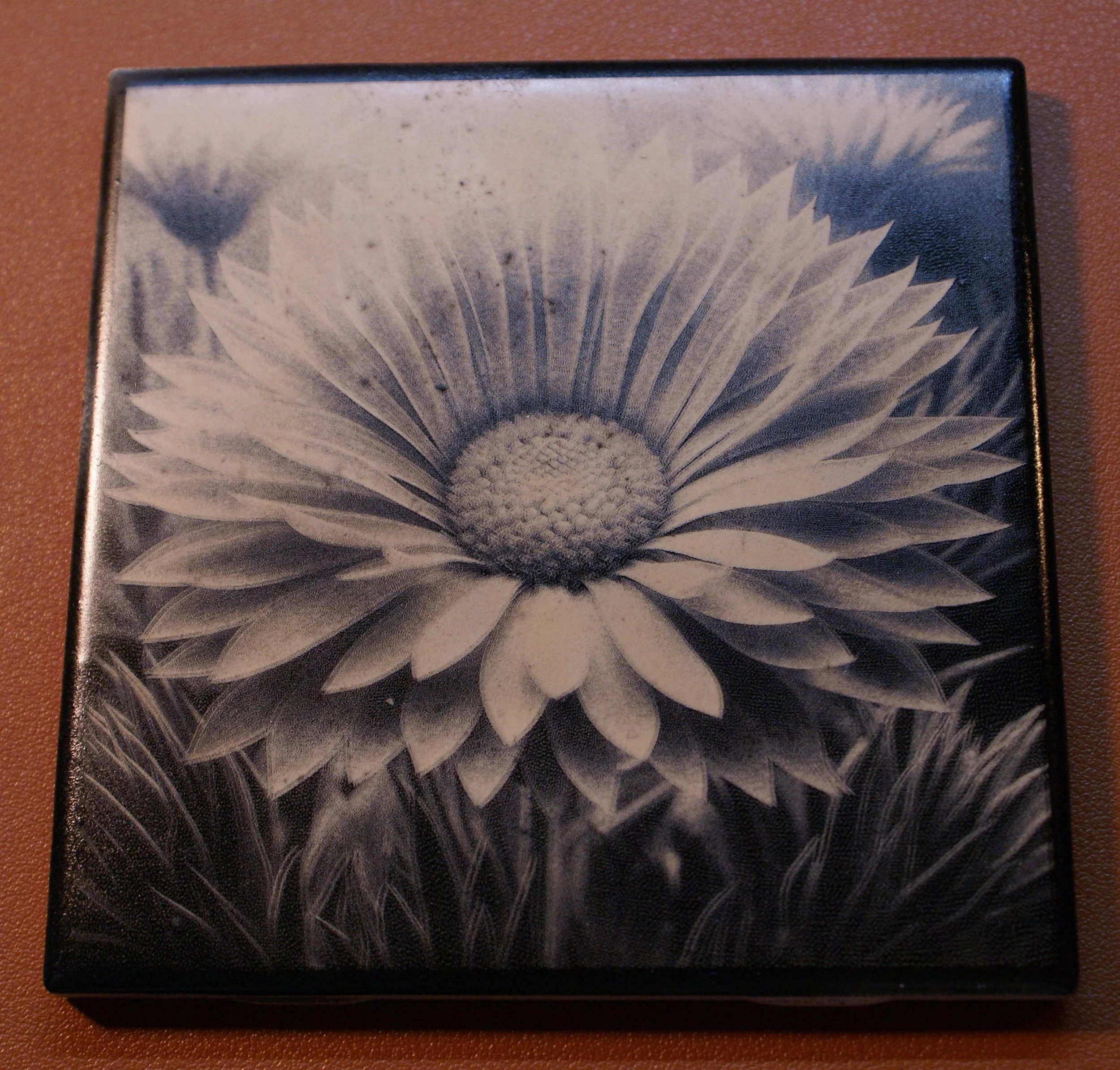Black and white close-up photo of a flower with many petals and a textured center.