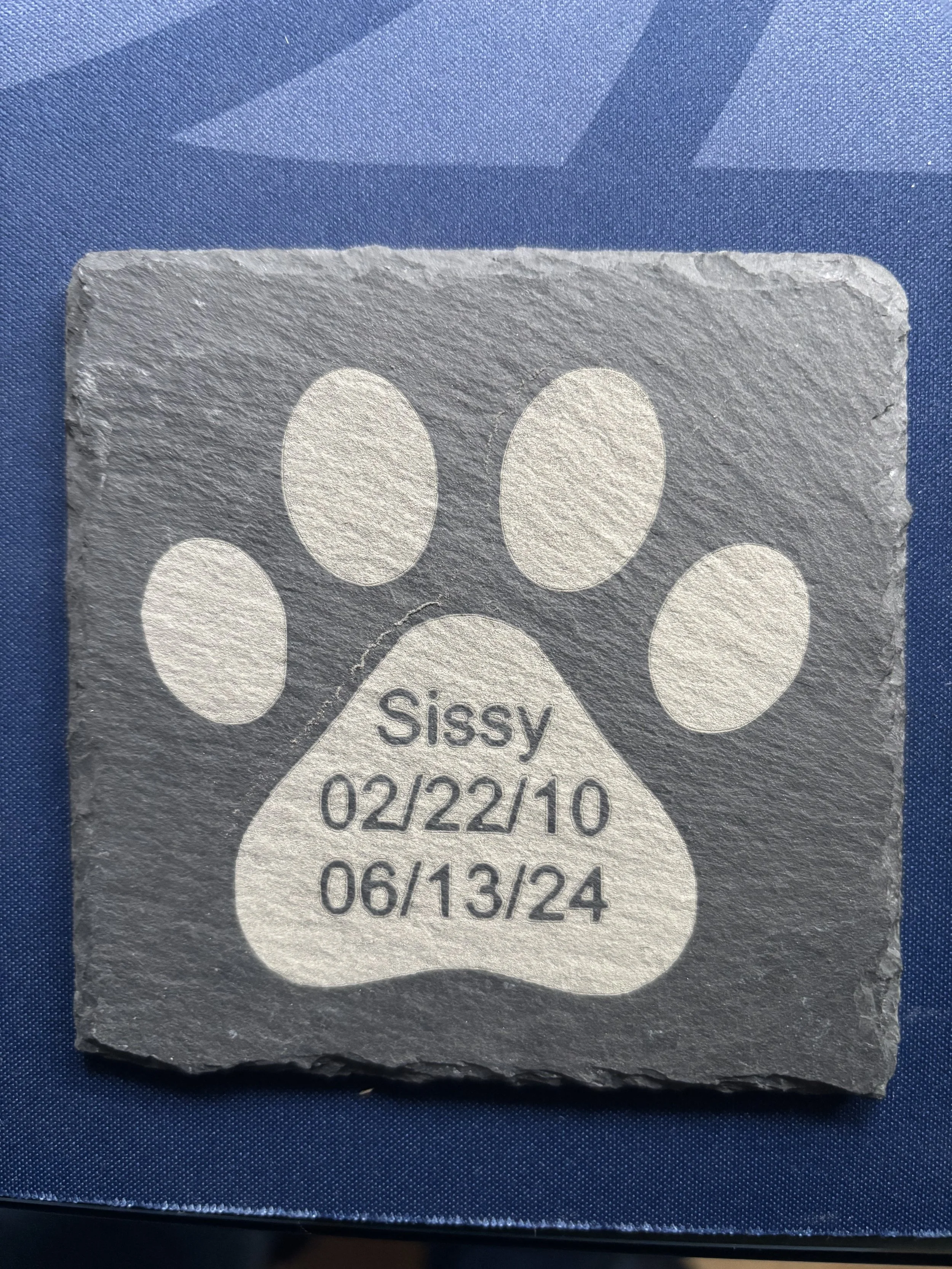 A gray stone engraved with a paw print design, containing the name Sissy and two sets of dates: 02/22/10 and 06/13/24, likely a pet memorial marker.