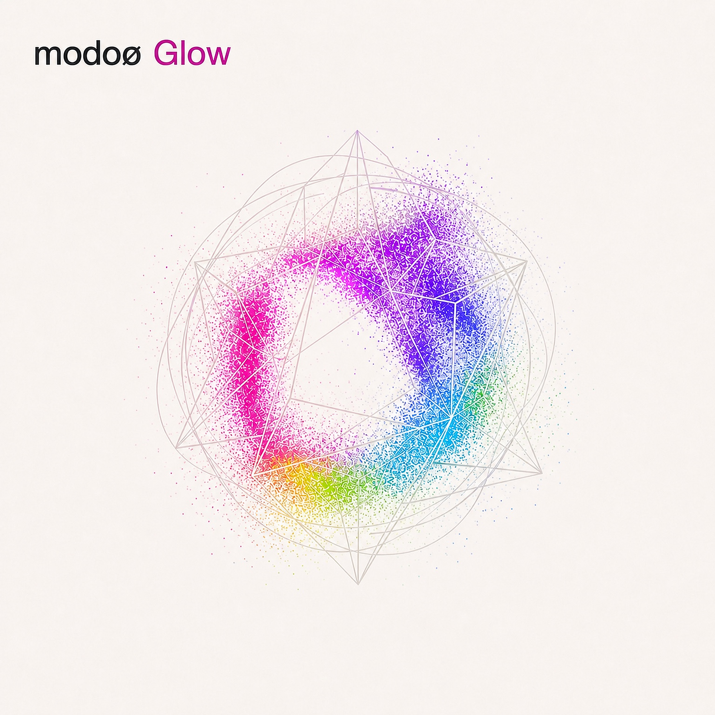 Grafica astratta con punti, linee e forme geometriche in tonalità di rosa, viola, verde e blu su sfondo chiaro.