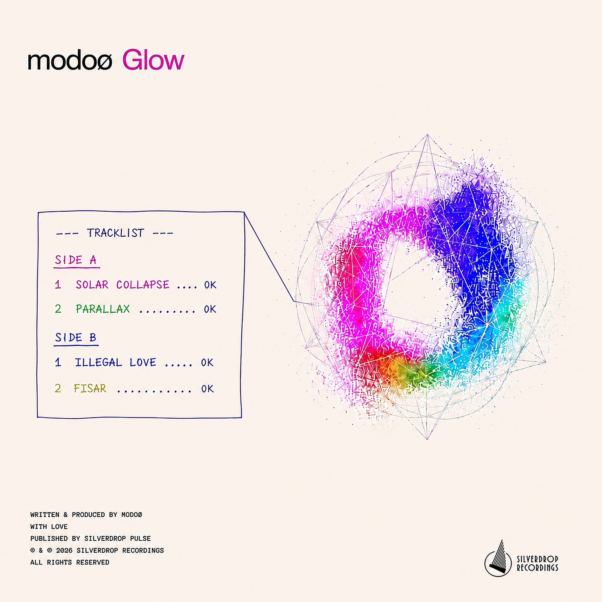Copertina di un album musicale con disegni astratti colorati e testi in inglese, con logo di Silverdrop Recordings e logo di Silverdrop Pulse.