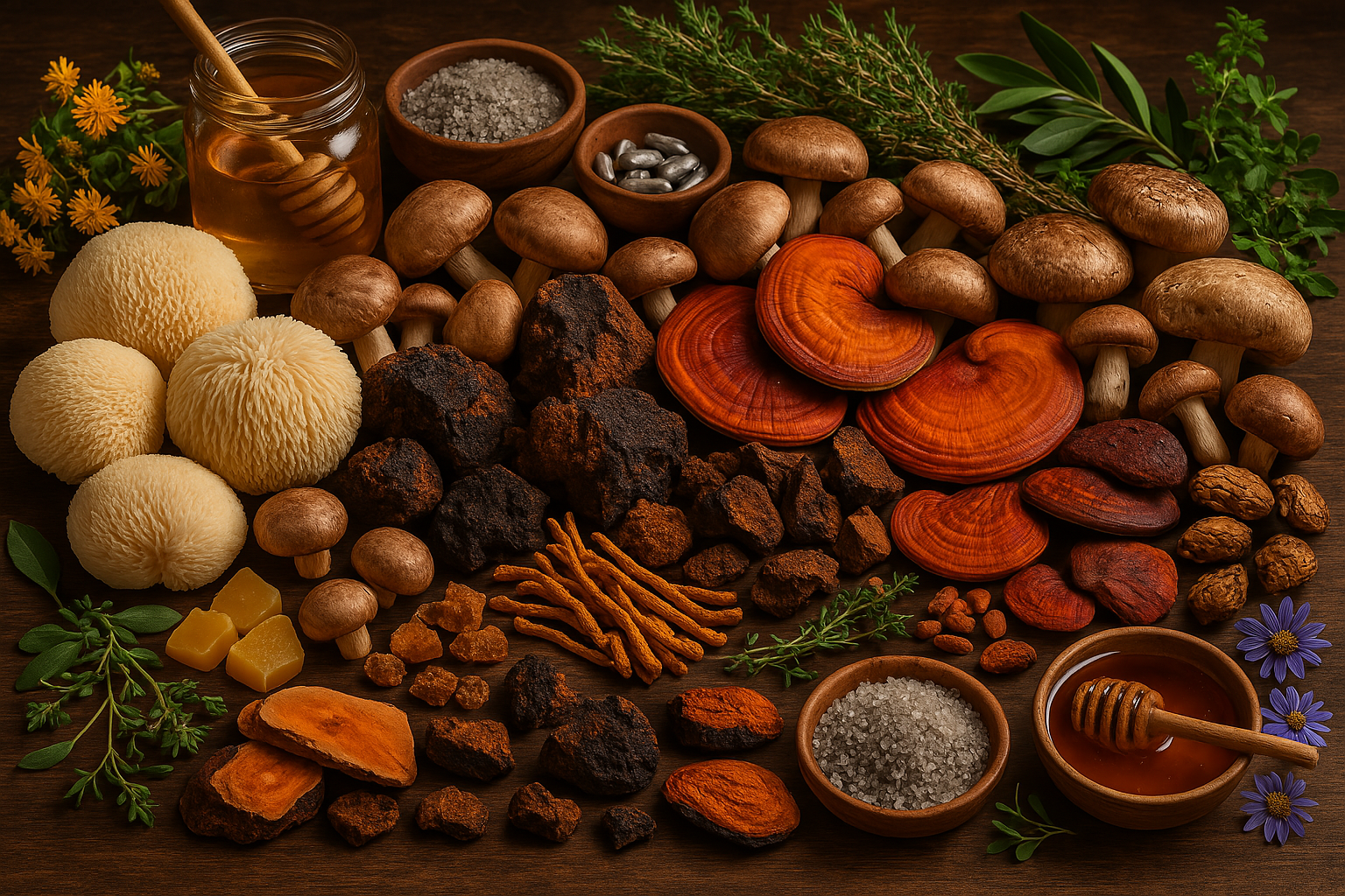 Assorted mushrooms, herbs, honey, salt, and natural ingredients arranged on a wooden surface.