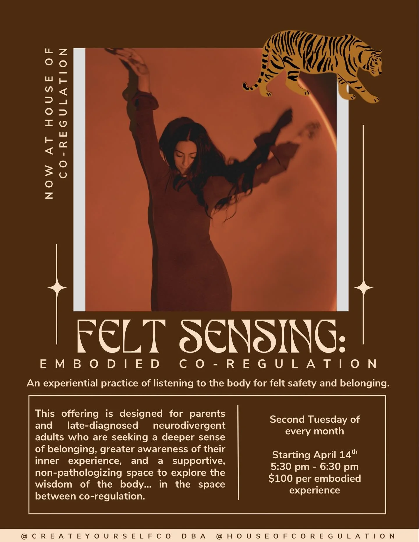FELT SENSING: Embodied Co-Regulation is here at House of Co-Regulation as our monthly offering, co-regulated with the founder, Jacqui 🐅🐅 

This experiential somatic workshop invites parents and adults to slow down and reconnect with the wisdom of t