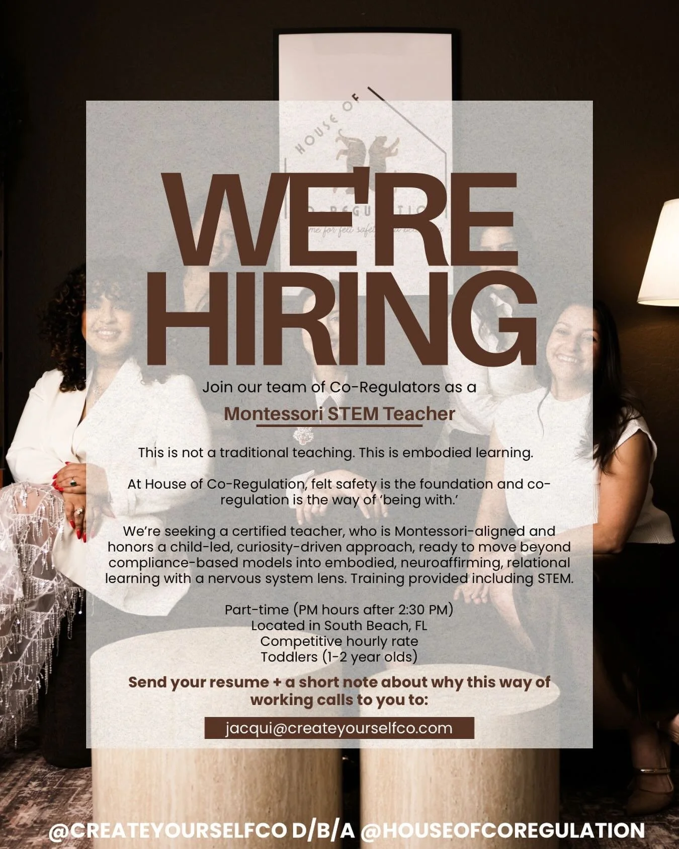 We keep expanding! 🐅🐅 Join our team of Co-Regulators as our Montessori STEM Teacher! This is not traditional teaching.
This is embodied learning.

At House of Co-Regulation, felt safety is the foundation and co-regulation is the way of being.

We&r