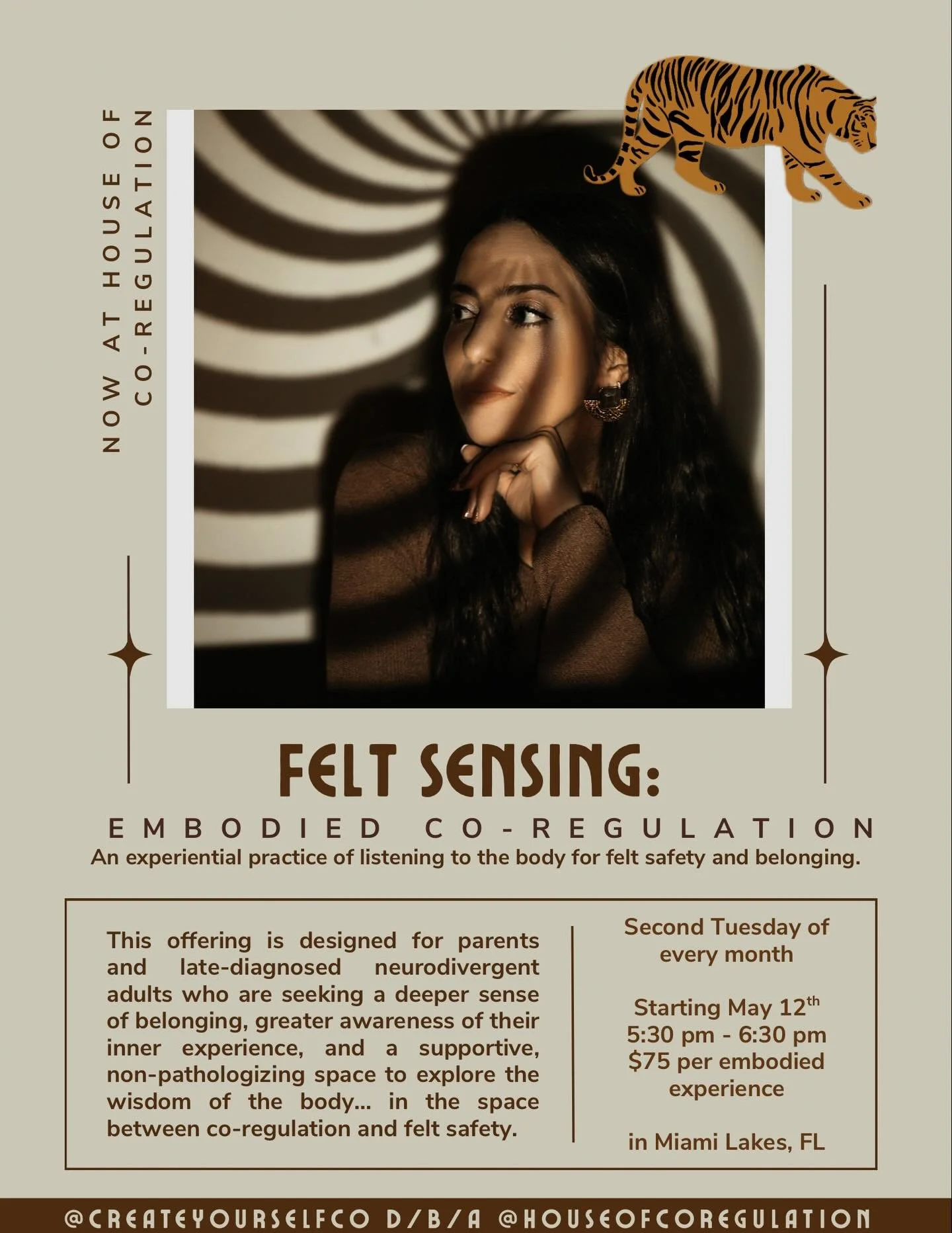 Tonight, we gather. 🐅🐅

Tonight is the very first Felt Sensing offering at House of Co-Regulation&hellip;its new forever home. A space to give yourself permission to be held in slowing down&hellip; and listening to the wisdom of the body.

Felt sen