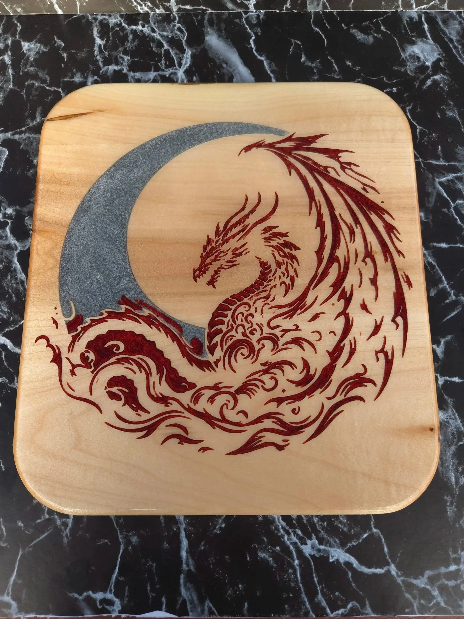 Fantasy Dragon Moon Art — Deep Red, Silver & Ambrosia Maple