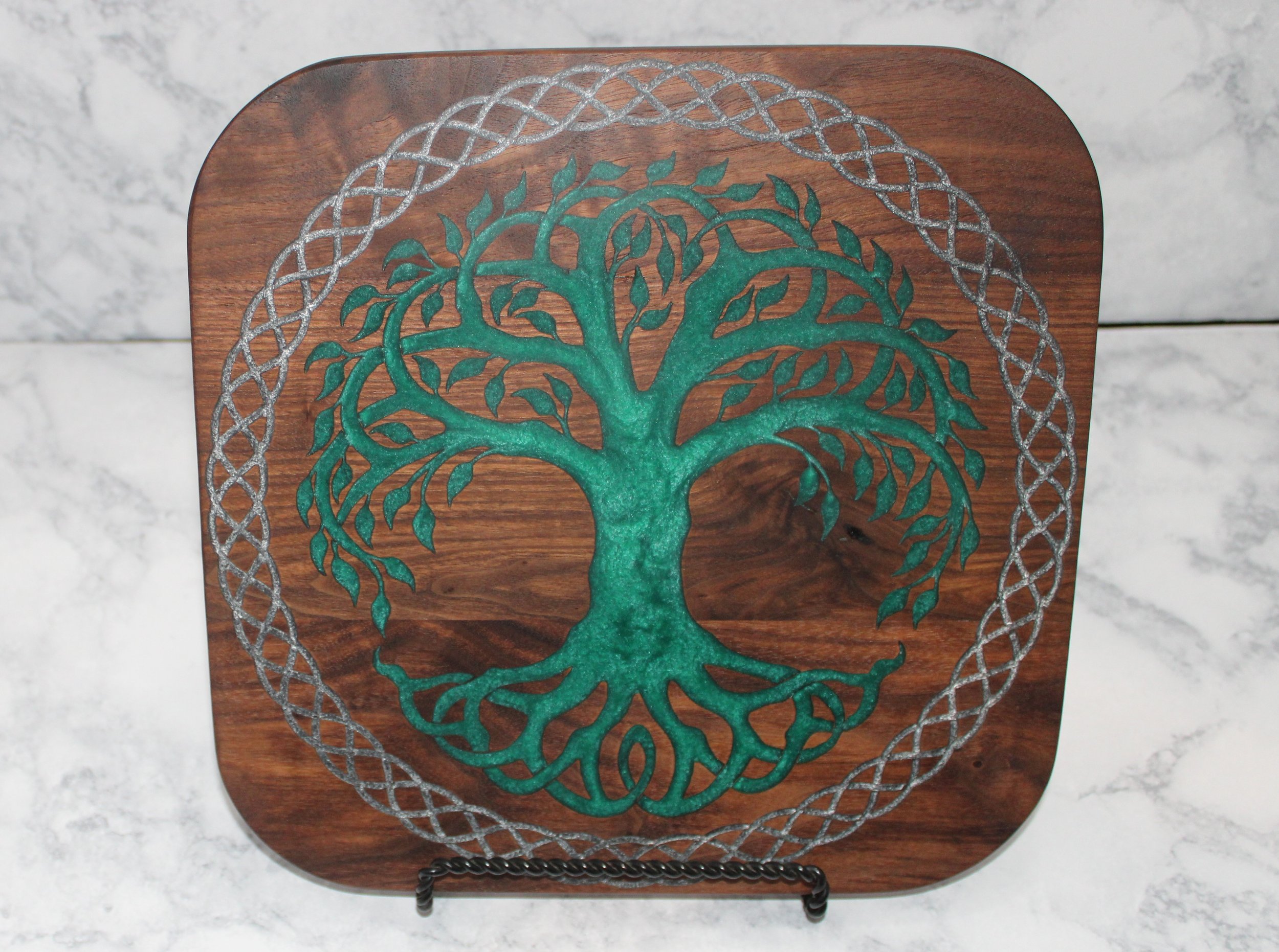 Walnut Tree of Life Wall Art — Green & Silver Celtic Style Epoxy Inlay