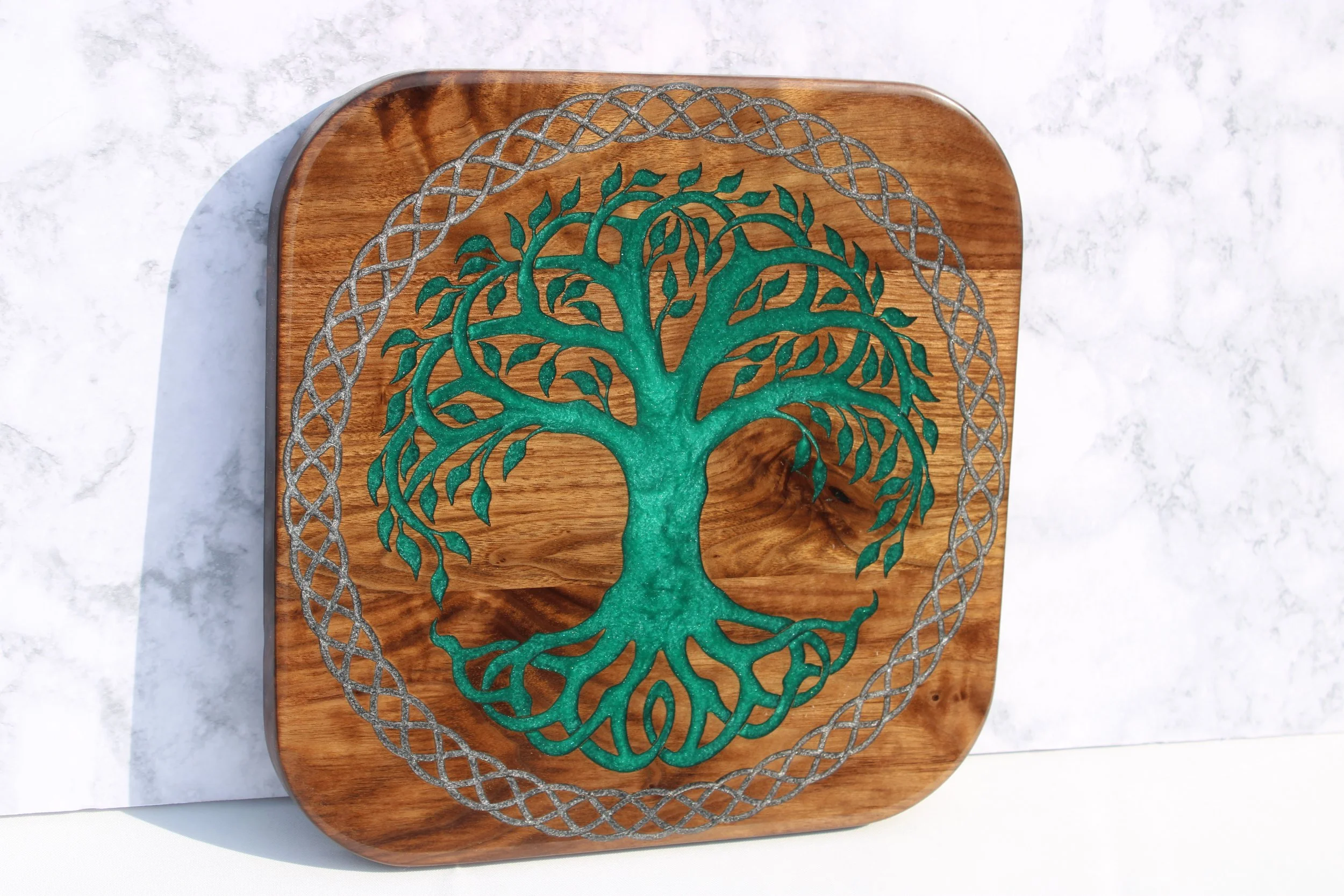 Walnut Tree of Life Wall Art — Green & Silver Celtic Style Epoxy Inlay