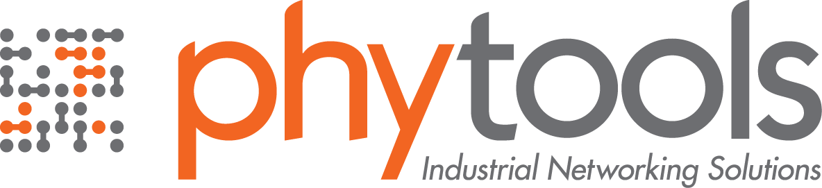 Logo of Phytools with an orange and gray text, accompanied by a stylized orange and gray dot matrix design, and the tagline 'Industrial Networking Solutions'.