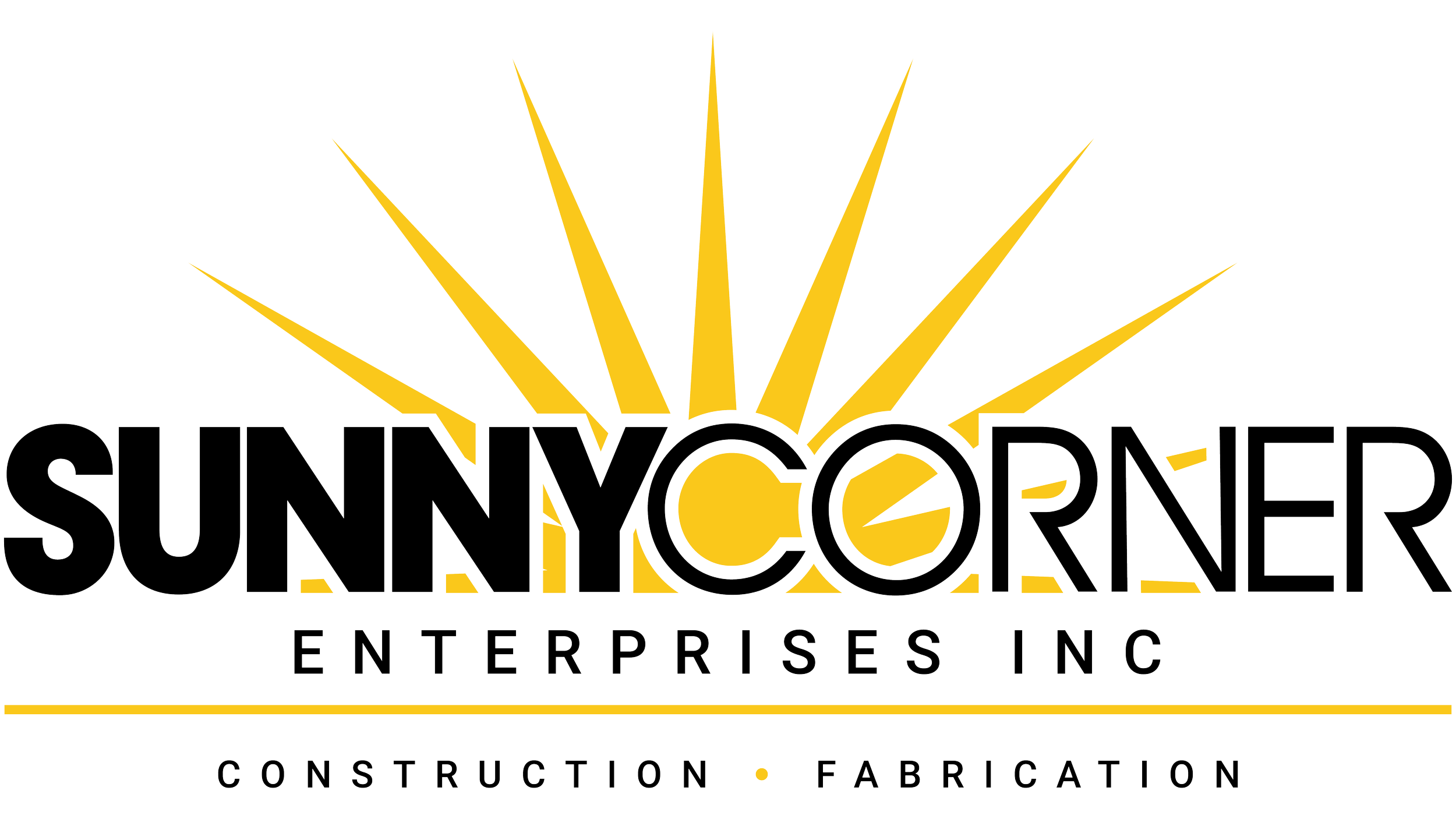 Logo of Sunny Corner Enterprises Inc. featuring a black background, yellow sunburst rays, and the company name in bold black and yellow text, with the words Construction and Fabrication underneath.
