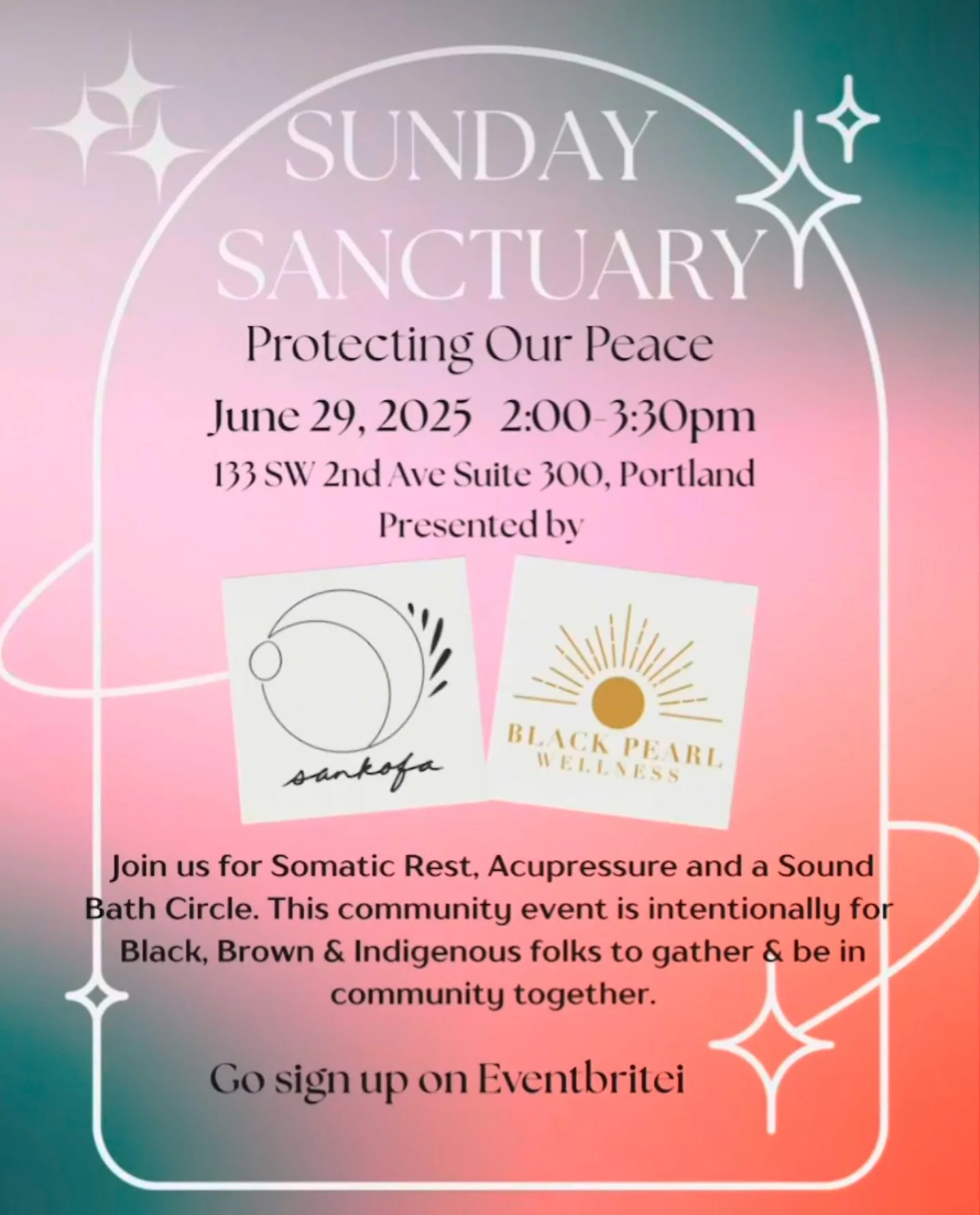 ✨SUNDAY SANCTUARY✨

Join me @yuzuacupuncture @blackpearlwellnesspdx @sankofacounseling this Sunday for a moment of rest &amp; restoration. We will be offering ear seeds, a sound bath circle and a place to protect your peace. This community event is i