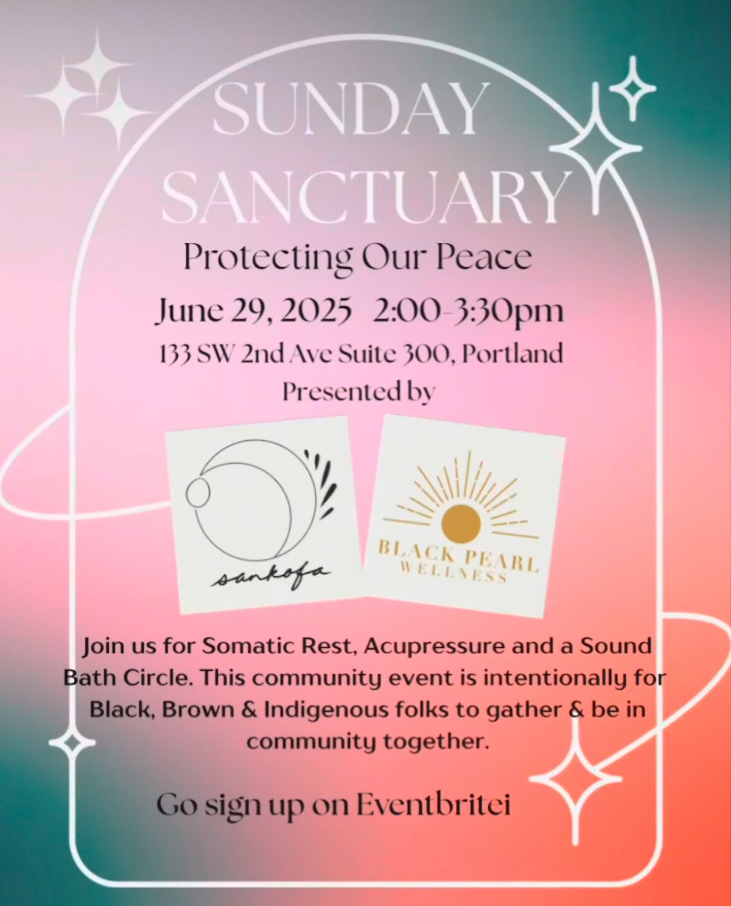 ✨SUNDAY SANCTUARY✨

Join me and @blackpearlwellnesspdx @sankofacounseling this Sunday for a moment of rest &amp; restoration. We will be offering ear seeds, a sound bath circle and a place to protect your peace. This community event is intentionally 