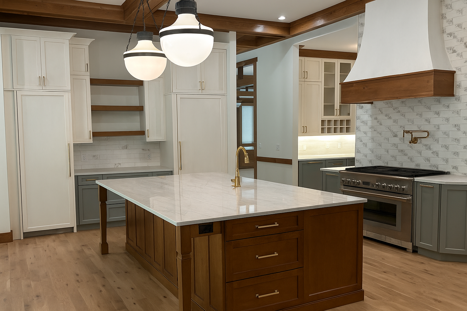 Walnut island, Mossy Green bases, Alabaster Walls & Appliance panels- Installed 2025
