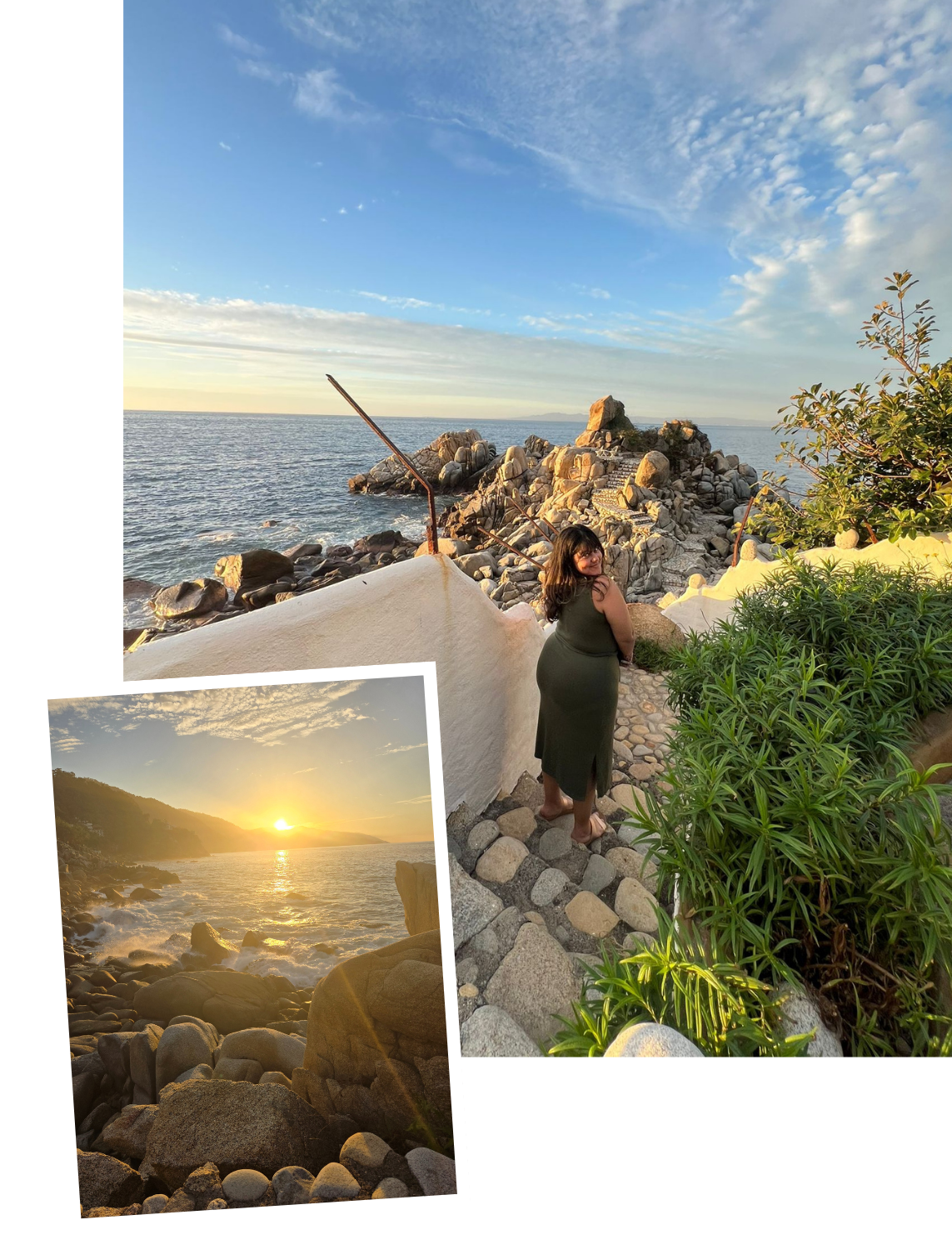 A woman with dark hair in a green dress standing on a rocky coastal pathway during sunset, overlooking the ocean with rocks and blue sky in the background.
