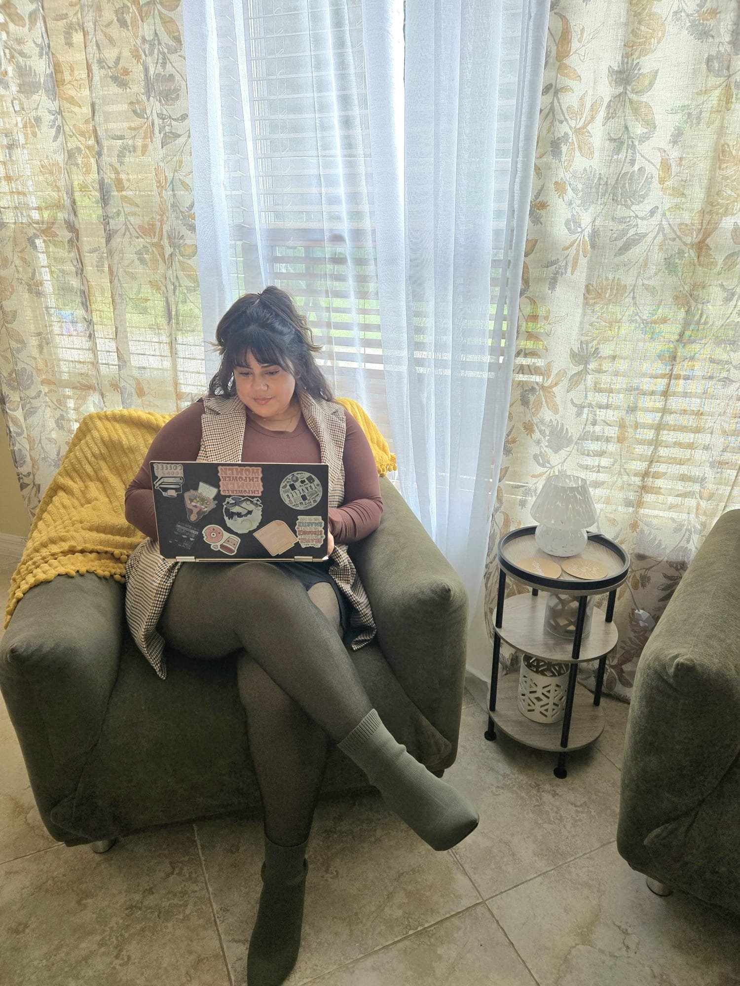 Briggiette Parenting Copywriter Working on Green Couch3.jpg