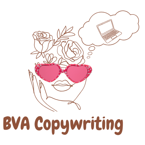 A line drawing of a woman's face with roses in her hair, wearing pink heart-shaped sunglasses, with the words 'BVA Copywriting' below. A thought bubble with a laptop inside is above her head.