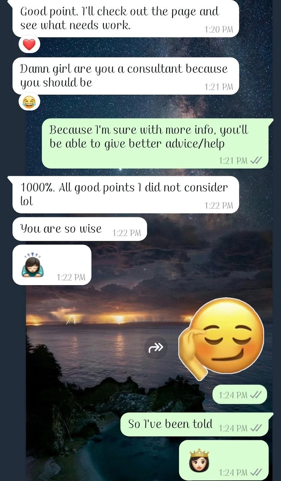 A WhatsApp chat conversation over a scenic background of a lightning storm over a body of water at night. The chat includes text messages, emojis, and a sticker of a girl with a crown.