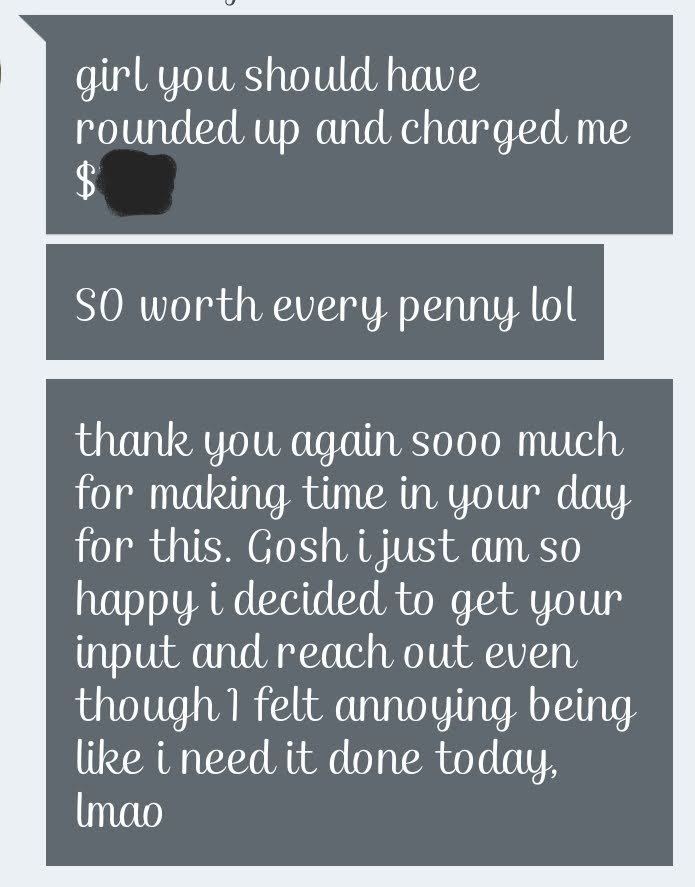 A screenshot of a social media message or note with a gray background. The message is a humorous thank you note to someone for their time and input, with informal language and expressions.