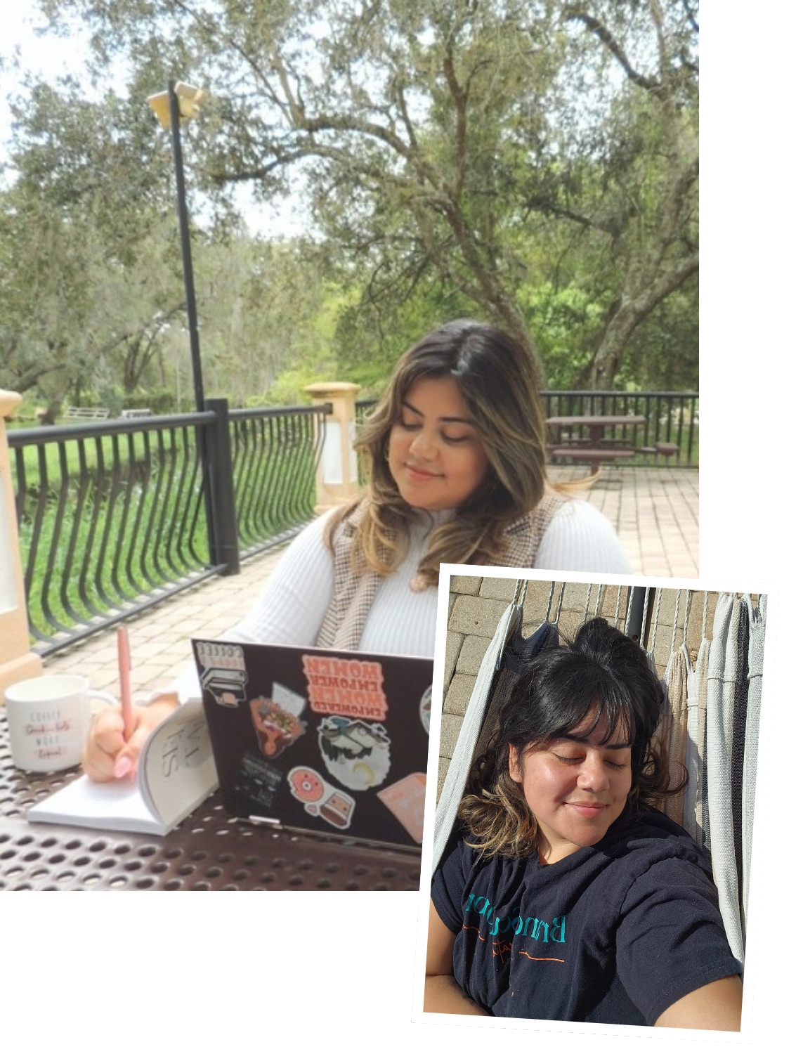 A woman sitting outdoors at a table, smiling with closed eyes, reading a book, with a laptop and a mug nearby, and a woman taking a selfie in front of striped curtains.