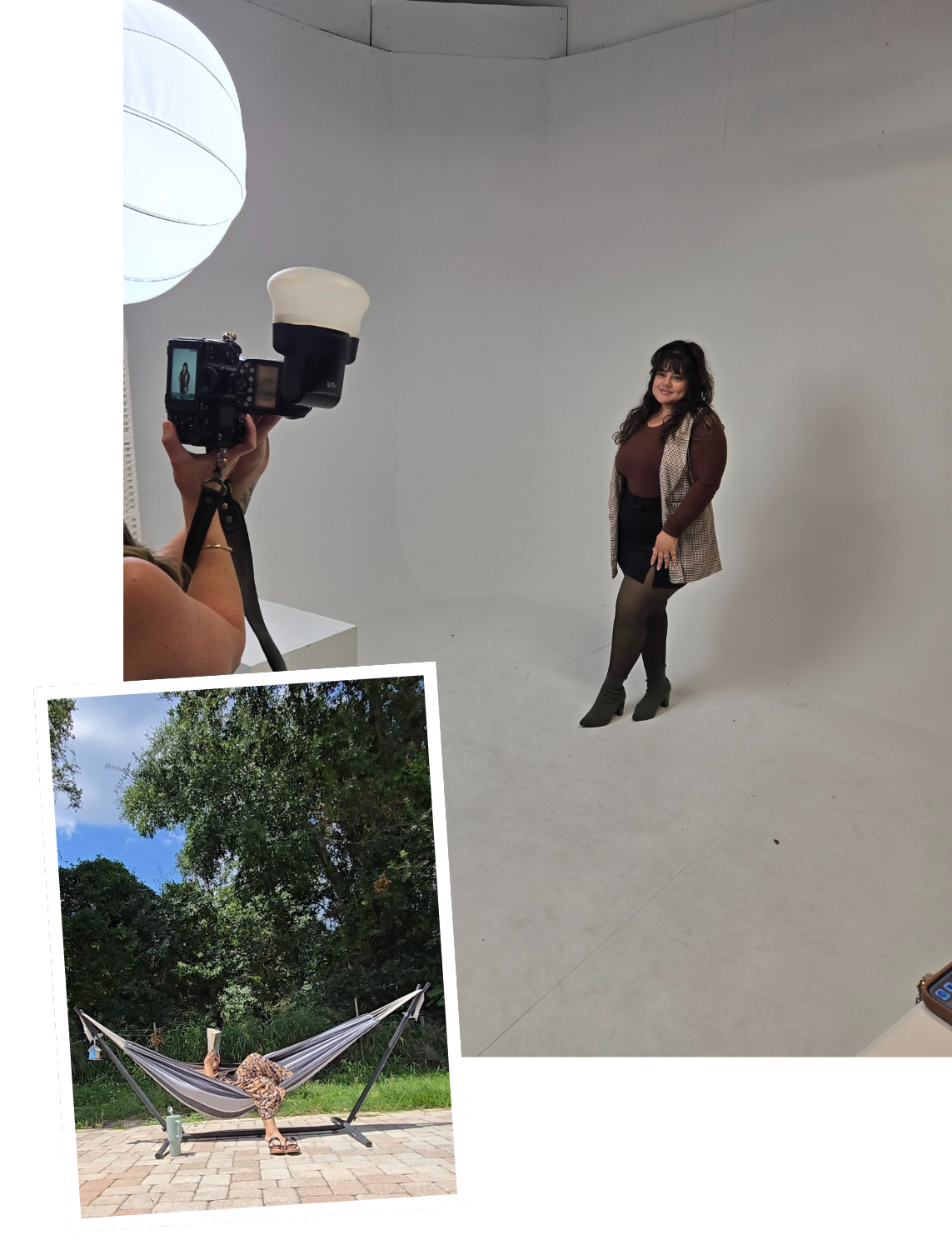 A woman in a photography studio posing in front of a white background, being photographed with a professional camera and strobe light. Inset: a woman lying in a hammock outdoors, surrounded by greenery, holding a phone.