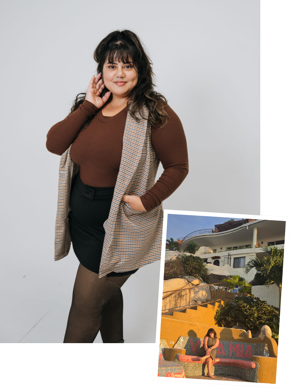 A woman with dark hair, wearing a brown top, black skirt, tights, and a beige checkered vest, poses against a plain white background, touching her face with her right hand and resting her left hand in her pocket. There is an inset photo of her sitting on a bench in front of a building with the words "VIVA MIA" painted on it, in a sunny outdoor setting.