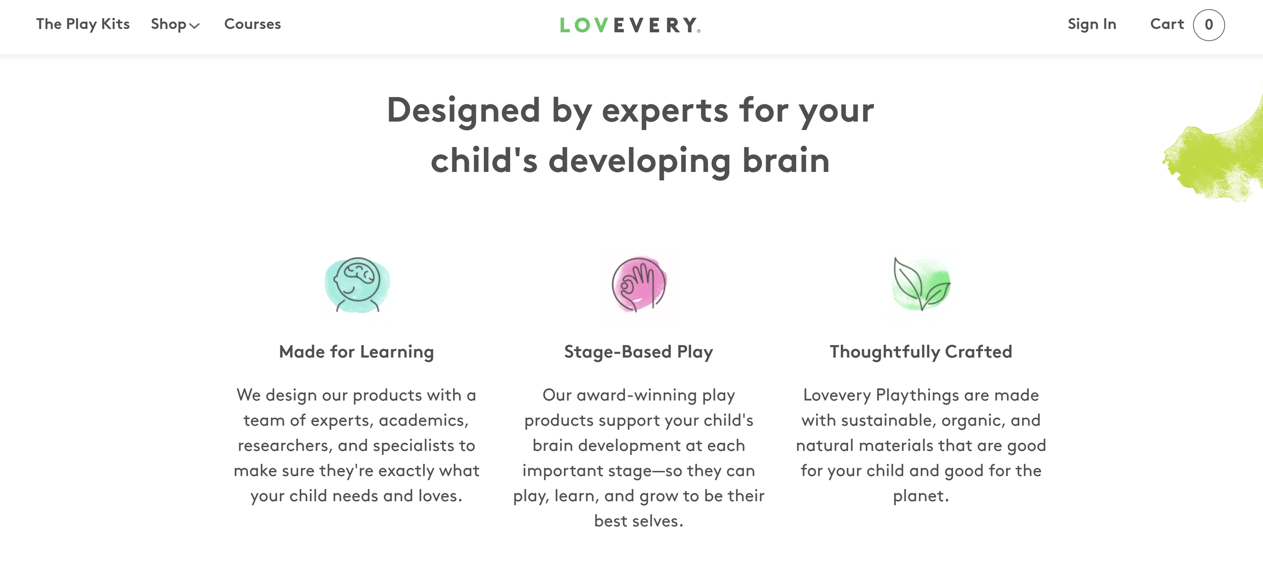 Screenshot of Lovevery's homepage showcasing their unique brand voice.