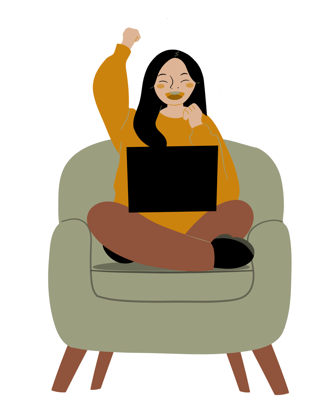 A cheerful woman sitting cross-legged on a light green armchair with wooden legs, holding a black laptop on her lap, raising her right fist in celebration, with long black hair, wearing an orange sweater and brown pants.