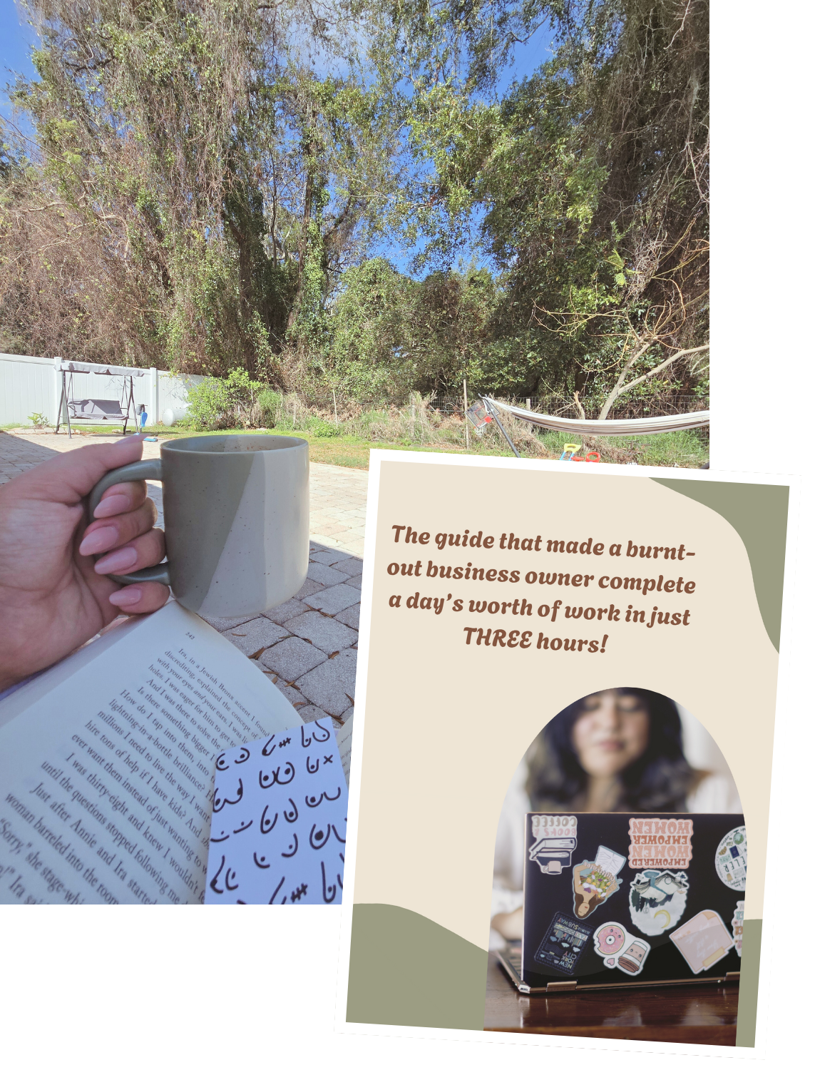 A person holding a cup in one hand and reading a book outdoors on a brick patio. There is a flyer or brochure with text about a business guide, and a laptop covered in stickers on a table. In the background, there are trees, blue sky, and outdoor furniture.