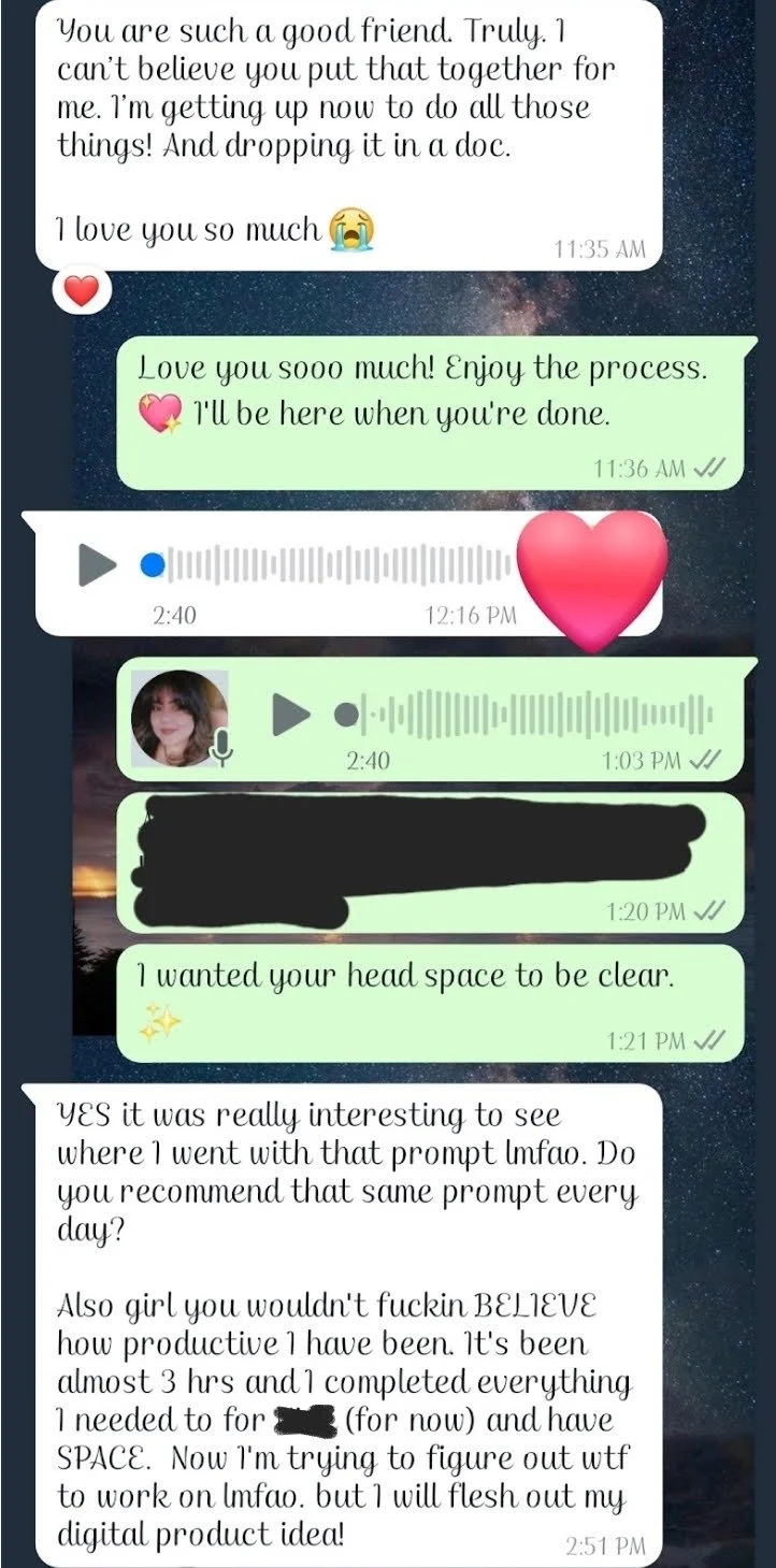 Screenshot of a WhatsApp conversation with text messages, voice recordings, emojis, and a background of a starry night sky.